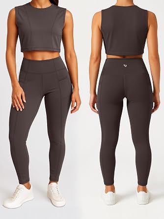 URBAN BUCK Yoga Sets For Women - Workout 2 Piece Sets For Women Summer Lounge Set High Waist Legging with Pockets & Crop Top