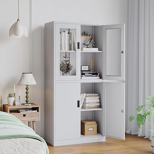 Miniatura 3 de LISSIMO Gabinete de almacenamiento de metal gabinete de oficina en casa con puertas y estantes ajustables armario de bloqueo con niveladores de