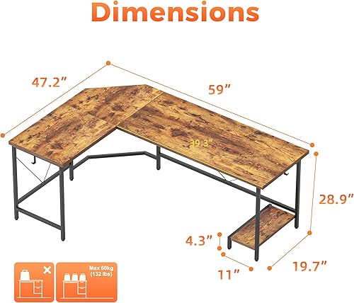 Miniatura 2 de Mericonia - Escritorio grande de 59 pulgadas en forma de L, escritorio de esquina simple para juegos con soporte para CPU y ganchos, escritorio de