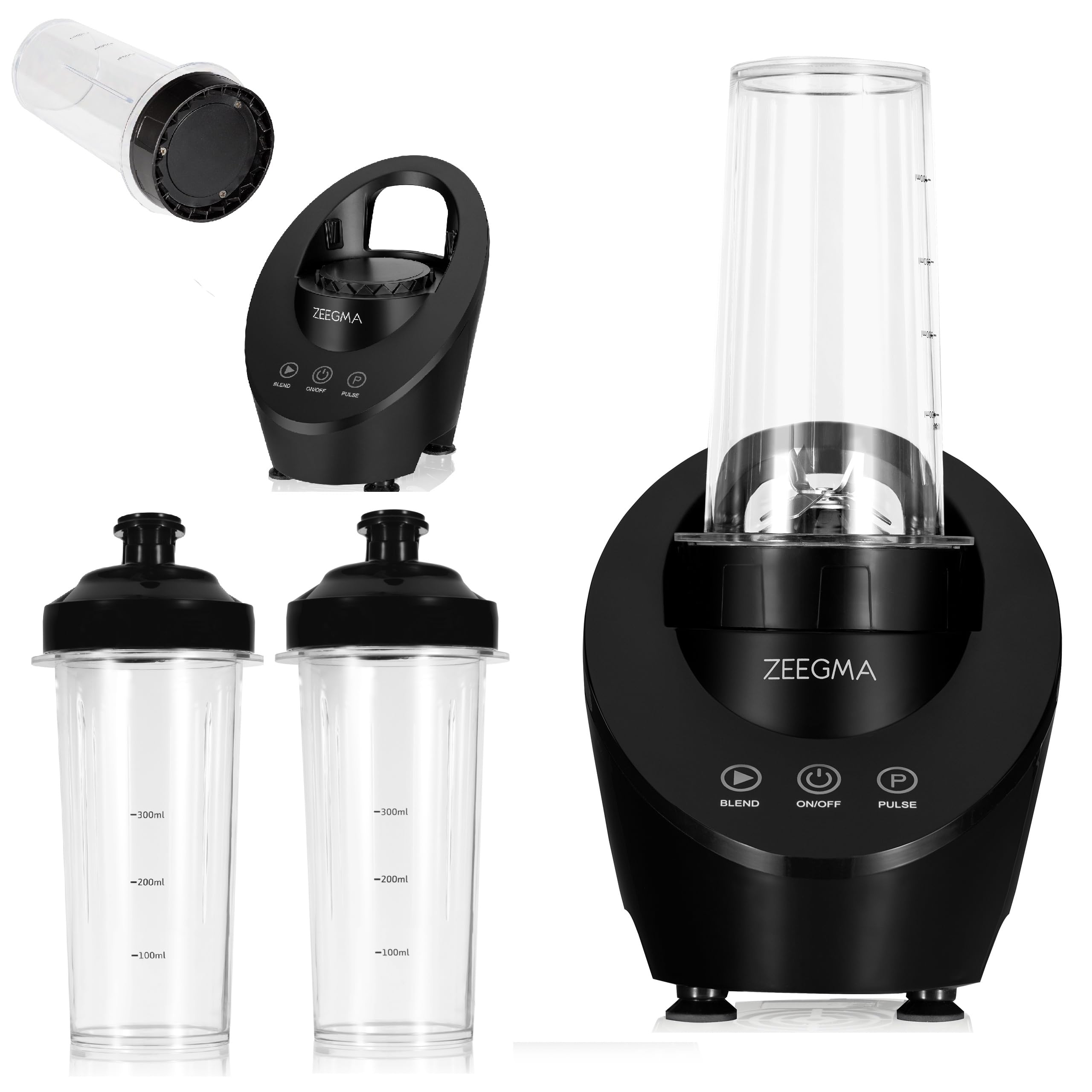 ZEEGMA Vitamine Ferro Mini Frullatore Portatile 200 W | Azionamento Magnetico, 2 Bottiglie da 300 ml, 2 Velocità, per Cocktail, Frullati, Ghiaccio e Noci