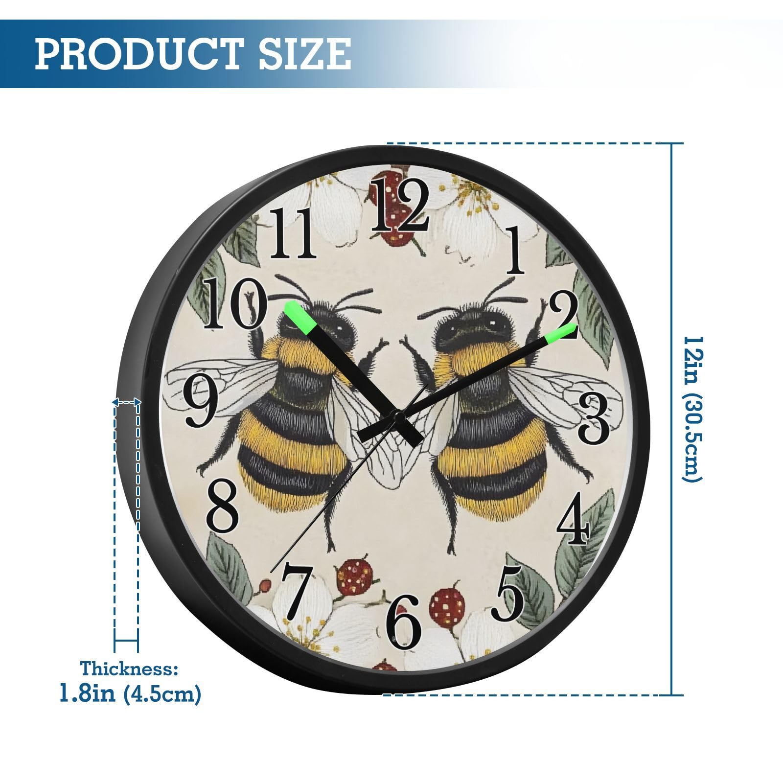 Mnsruu Reloj de pared luminoso con diseño de abejas, flores, bayas rojas, reloj de pared que brilla en la oscuridad, funciona con pilas, silencioso, sin tictac, luz nocturna para dormitorio
