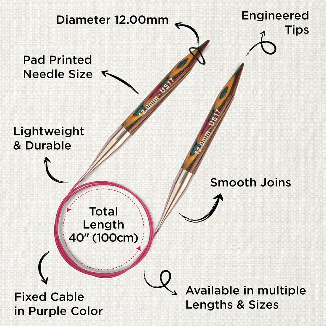 KnitPro 100 cm x 12 mm Symfonie Fixed Circular Needles, Multi-Color