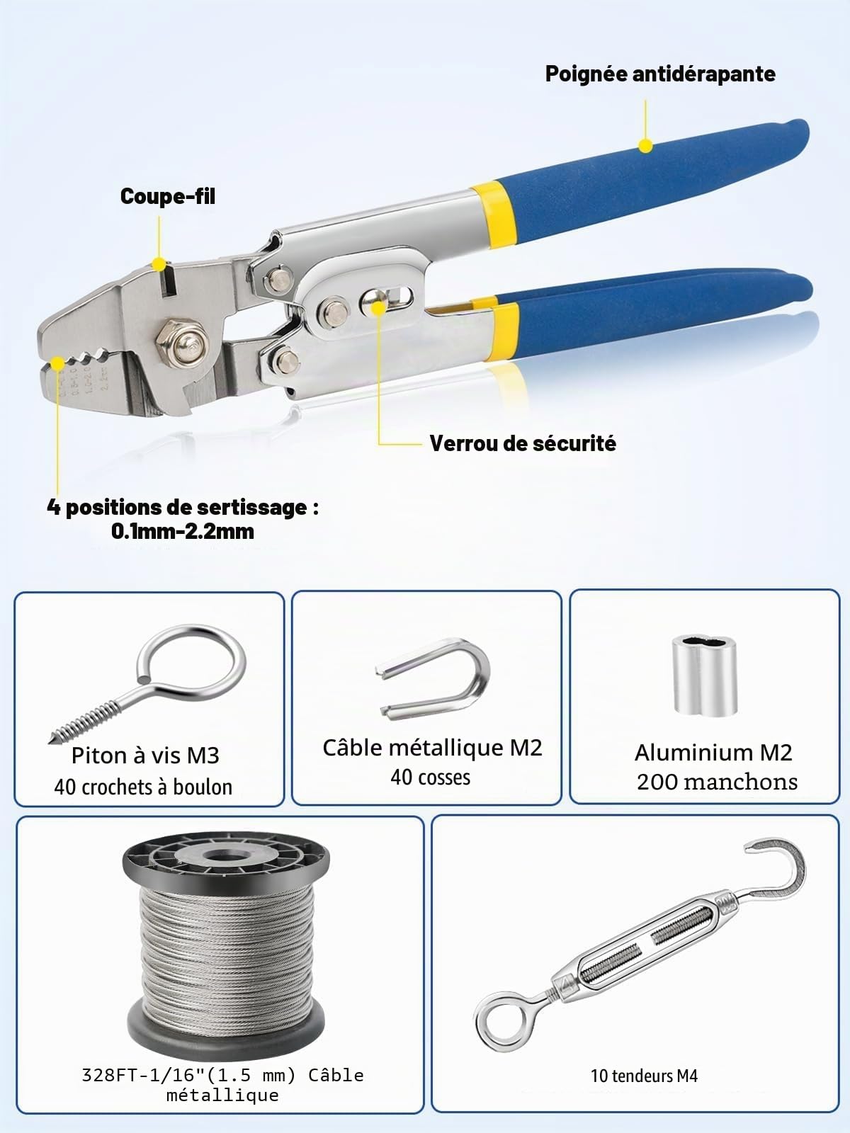 TooTaci Câble en Acier 100M avec Kit Tendeurs, Câble 1,5mm avec Outil de Sertissage Swager, Outil 2 en 1 Coupeur & Sertisseur – Idéal pour Treillis de Jardin, Clôture et Garde-Corps