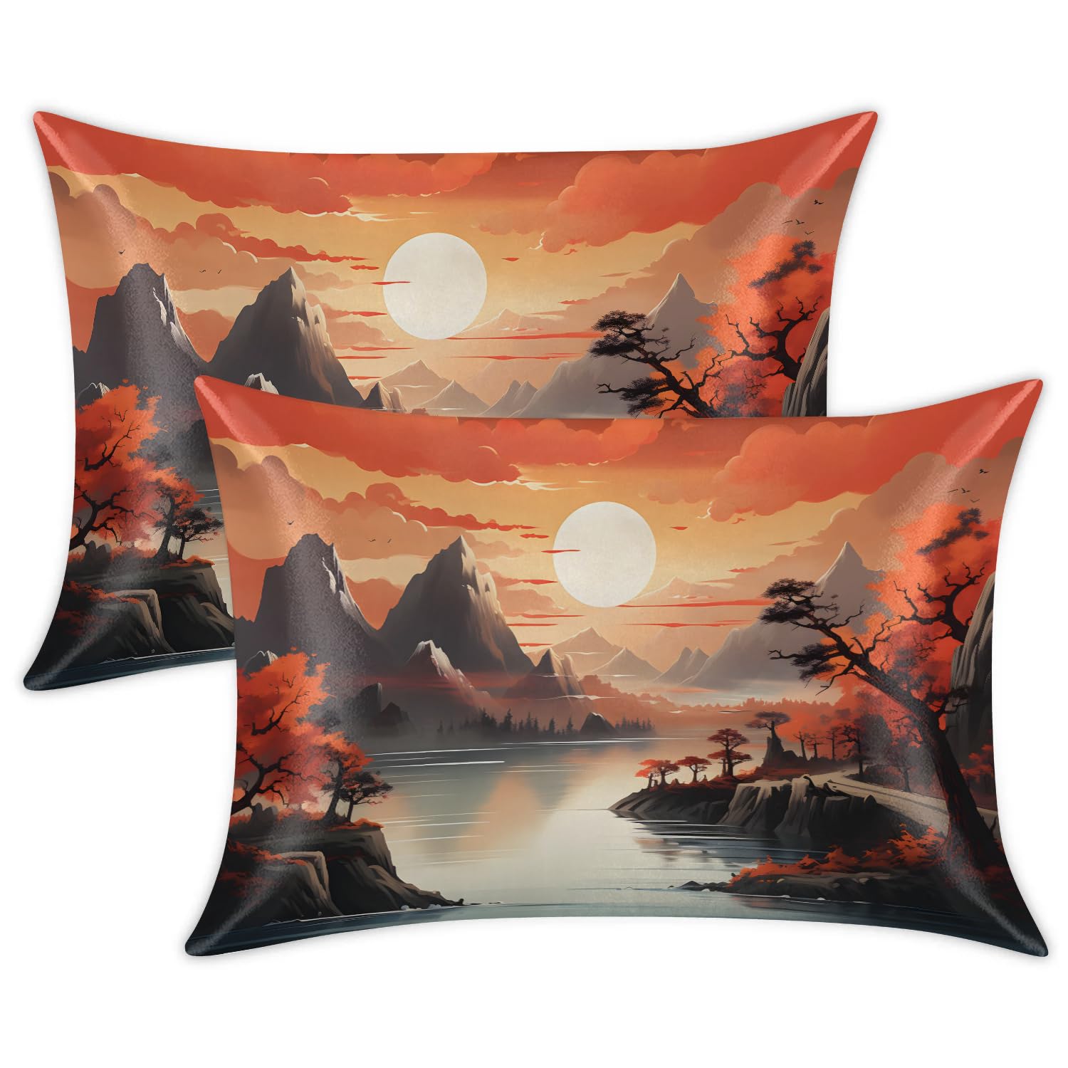 Satin Pillowcase King Size Set of 2, Sunset Landscape Silk Pillowcase for Hair and Skin, Silk Pillowcase 2 Pack with Envelope Closure, Soft Slip Cooling Pillow Cover (20x40 Inches)