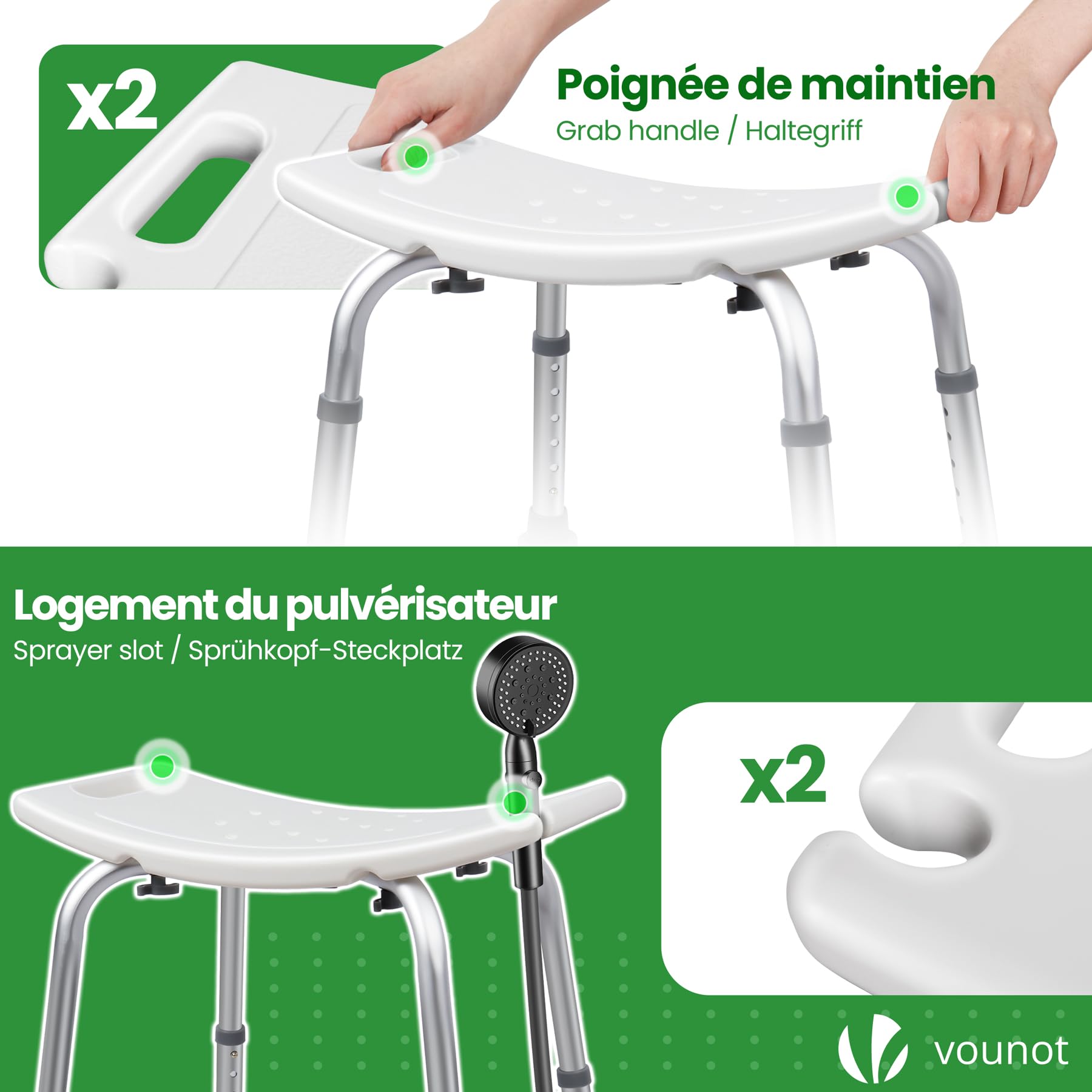 VOUNOT® Taburete de Ducha Altura Regulable 38-52 cm, Asiento de Baño con Patas Antideslizantes, Ayuda para Personas Mayores y Discapacitados, Carga máx. 136 kg, Blanco