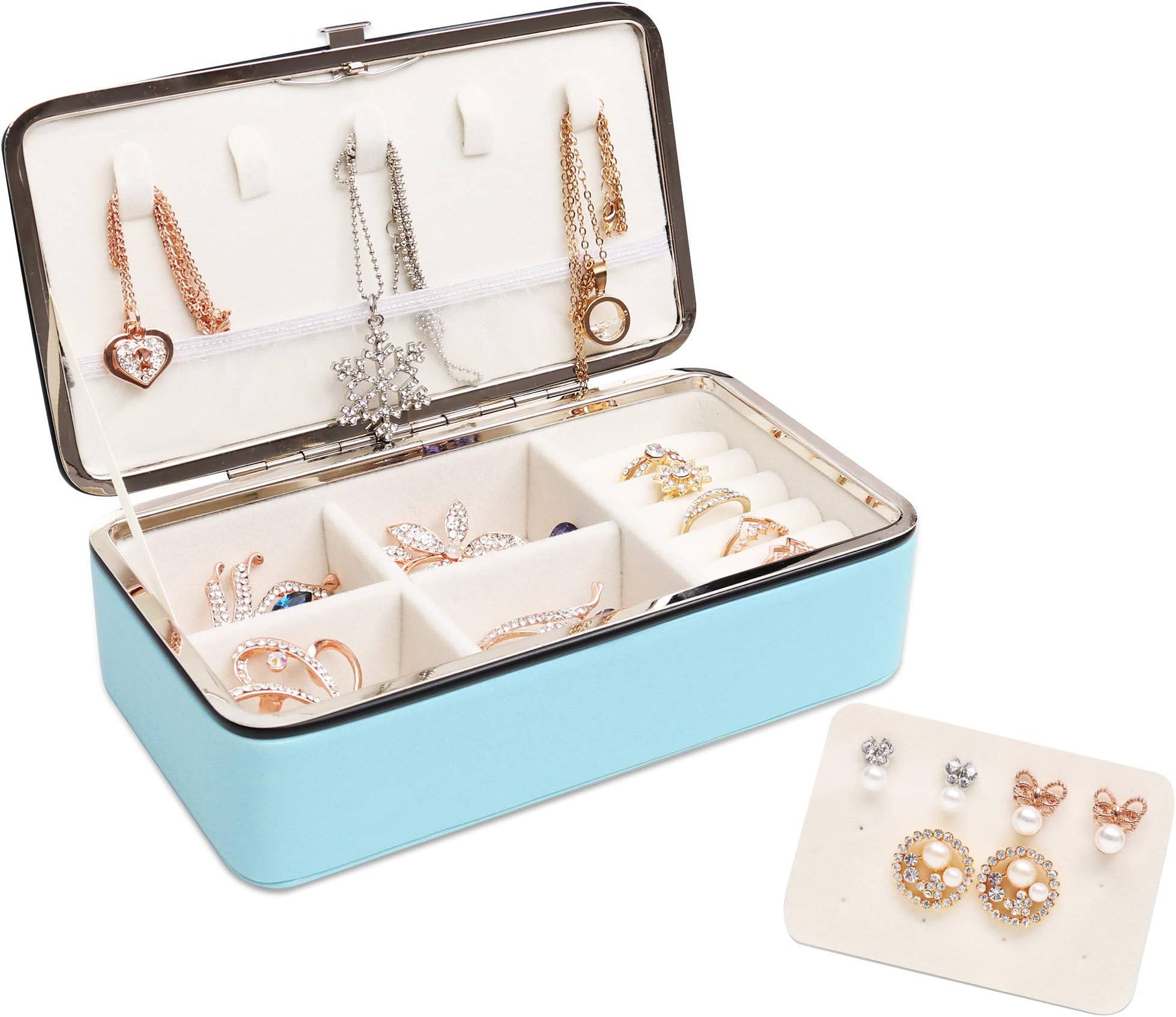 Becko Jewelry Box Organizer Travel Jewel Case for Multiple Necklaces, Rings, Earrings, Leather & Suede, Lightweight, Portable & Practical (Blue)