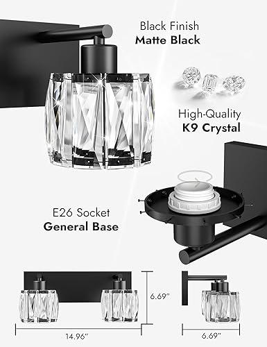 Miniatura 6 de VOLISUN Luces de tocador de cristal para baños, luz de tocador de baño de 2 luces, moderna luz de baño negra mate sobre espejo, accesorios de luces