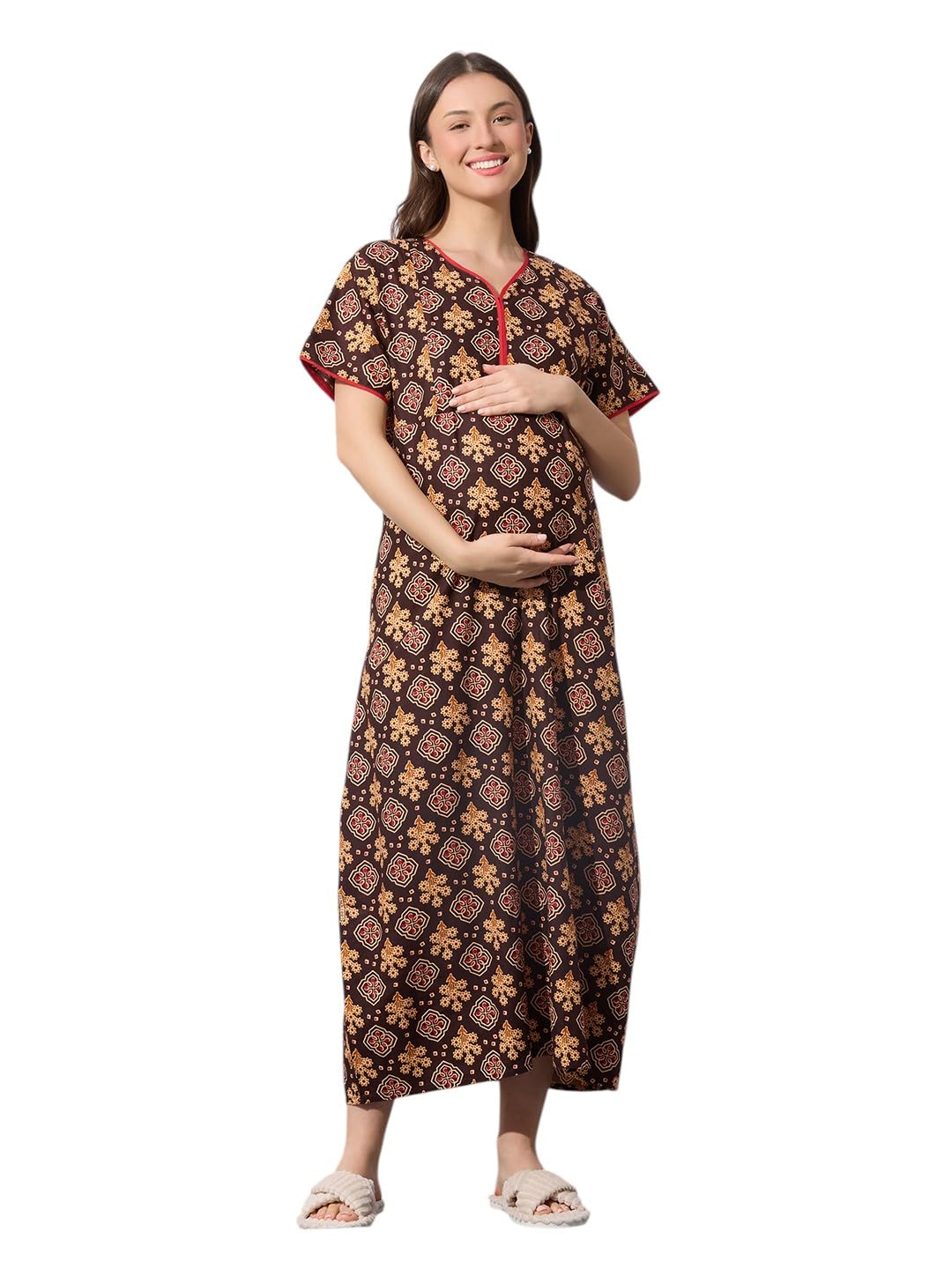MomToBe Women's Cotton Printed Feeding Maternity Nighty | Nursing Gown with zips on Both Sides (Russet Brown, Free Size)