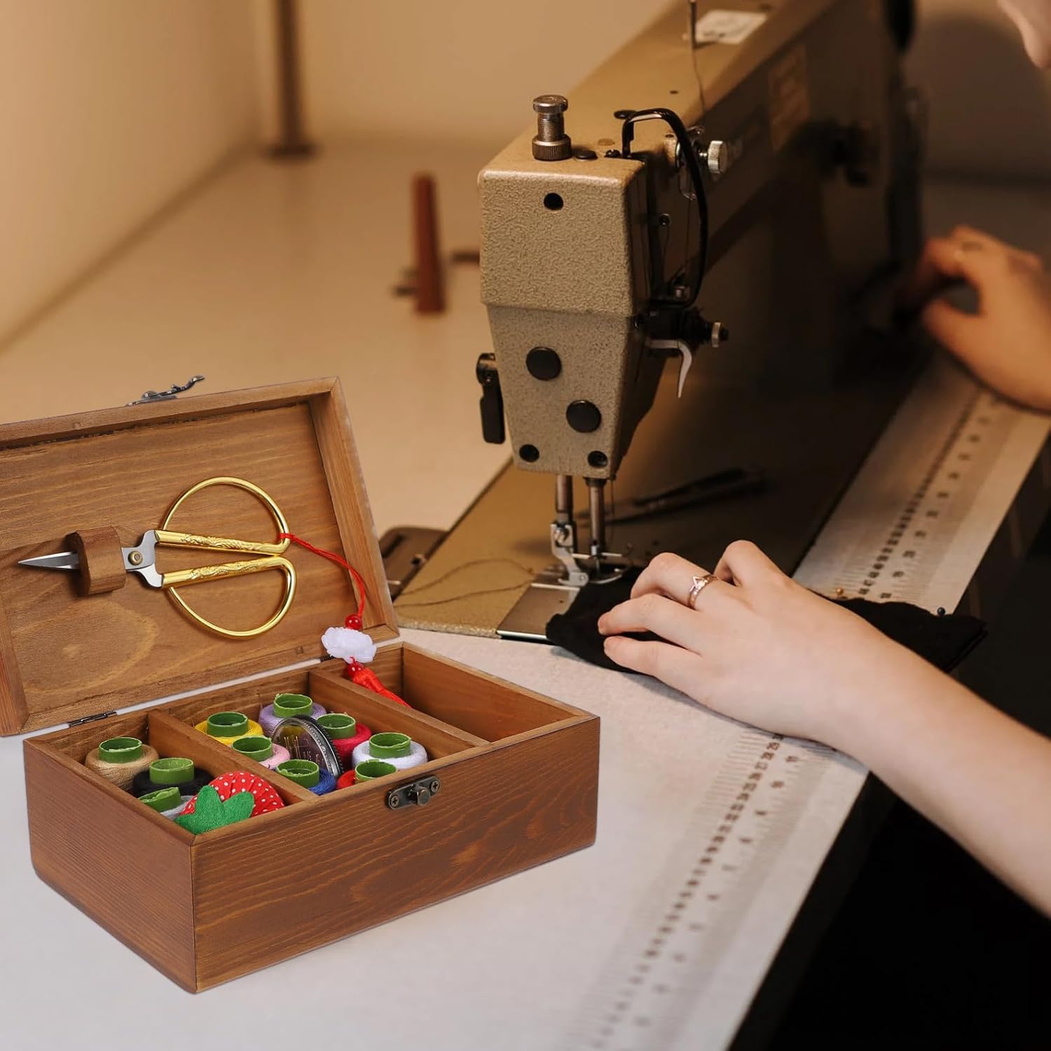 Retro Wooden Sewing Kit Storage Box for DIY Sewing Tools