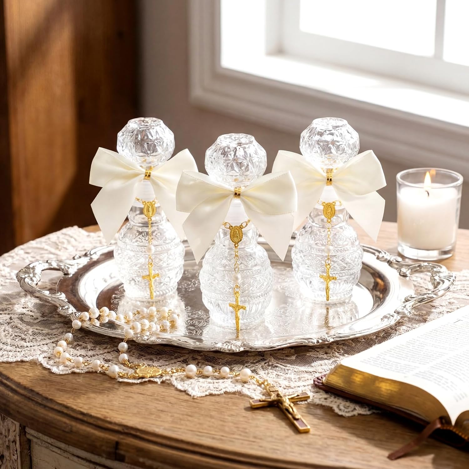 Chuangdi 12 Sets Holy Water Bottles Baptism Favors, Dreamy, White image 3