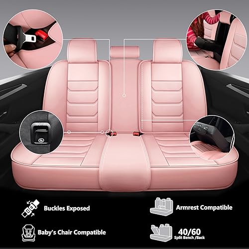 Miniatura 5 de Fundas de asiento que adaptan a casi todos los automóviles, camiones, sedanes y camionetas, de piel sintética impermeable y cobertura completa (rosa)