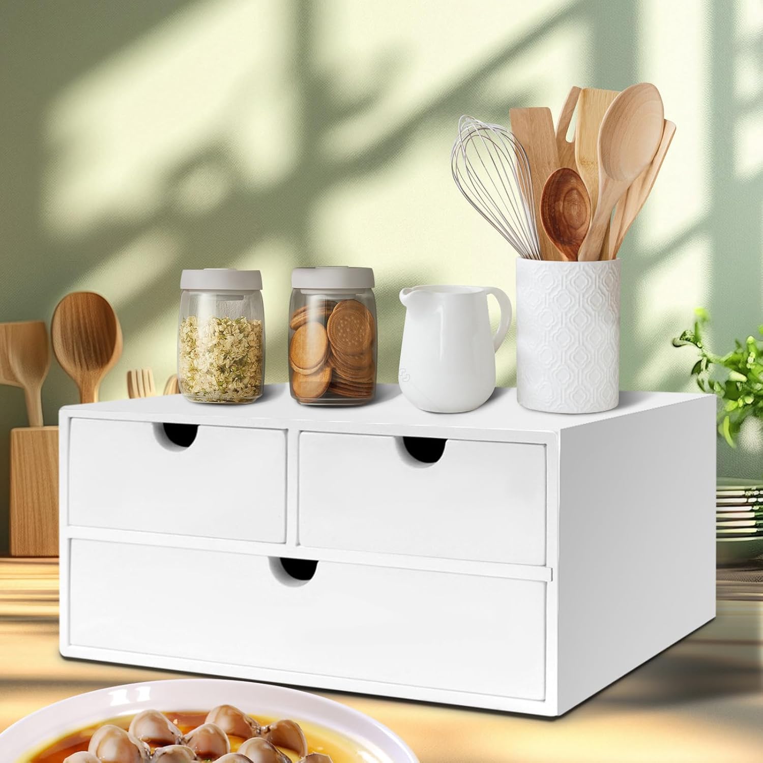 Charmewooden Bamboo Desk Organizer with 3 Drawers, Countertop Organizer with Drawers Makeup Storage Drawer 3 Drawer Tabletop Storage Organization Box Home Office Workspace（White）