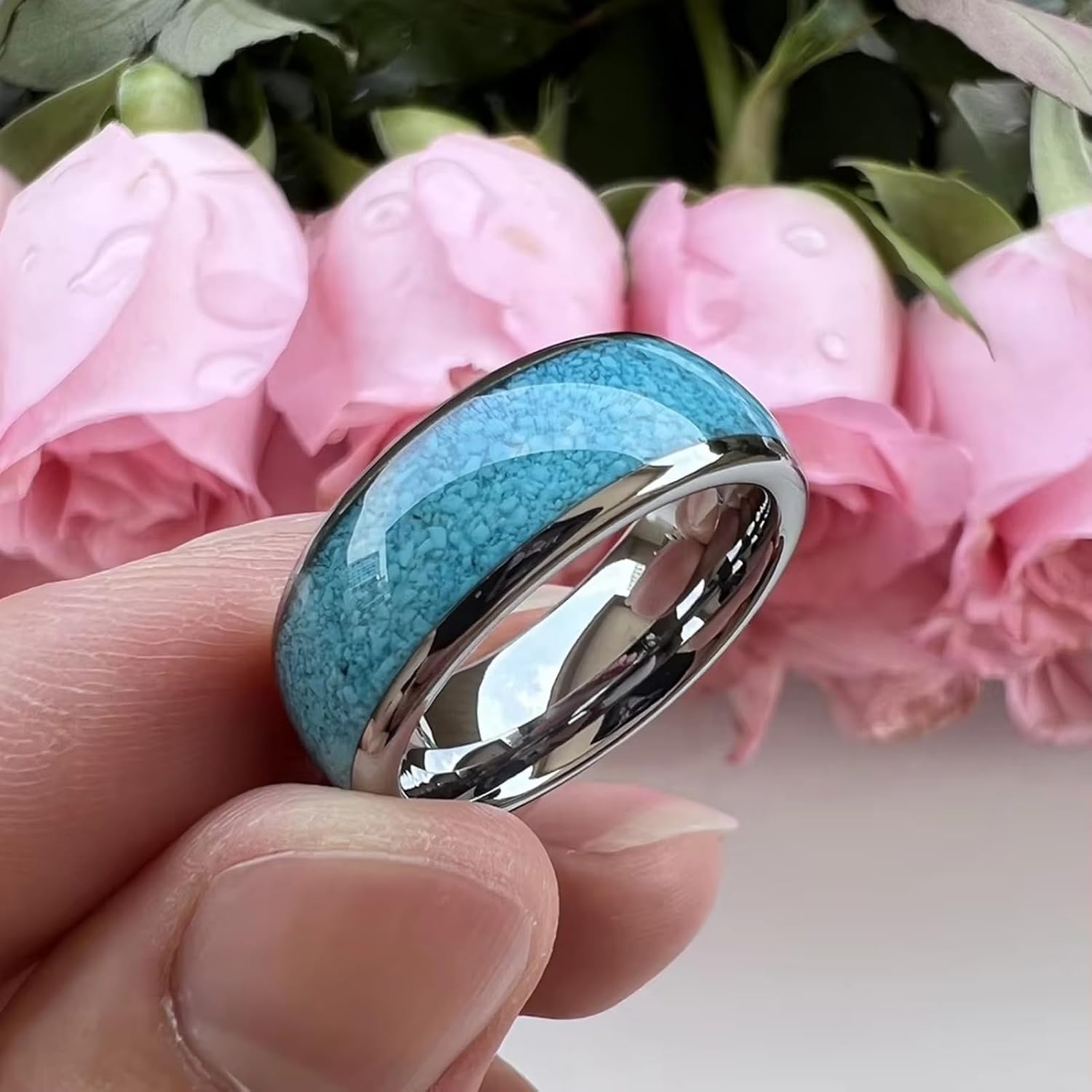 Jewelry 8mm Tungsten Ring for Men Women Crushed Turquoise Inlay Jewelry Engagement Wedding Band