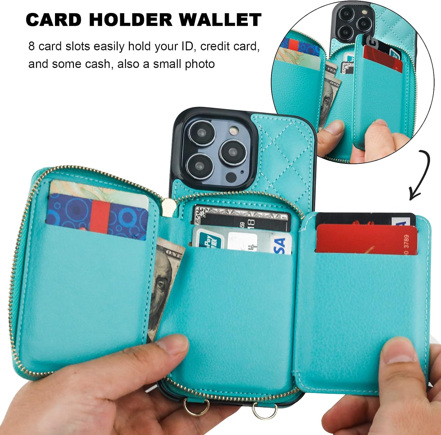 Bocasal Crossbody Wallet Case for iPhone 14 Pro Max, RFID Blocking PU Leather Zipper Handbag Purse Flip Cover, Kickstand Folio Case with Card Slots Holder Wrist Strap Lanyard 5G 6.7 Inch (Mint Green)