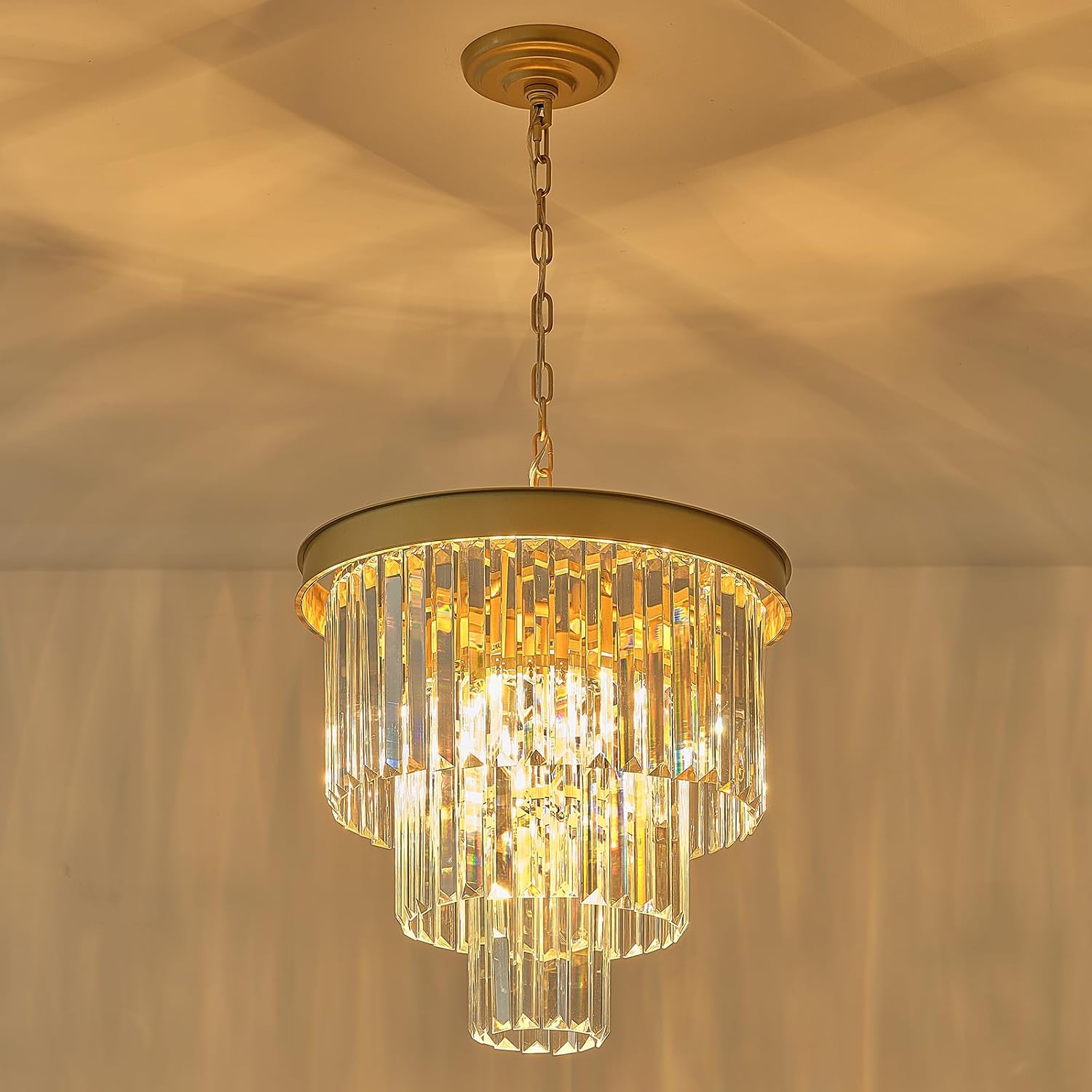 3-Tier Crystal Chandelier Modern Gold 16" Round Chandeliers for Staircase K9 Large Ceiling Pendant Light Fixtures Luxury Chandelier for Living Room Dining Room Foyer