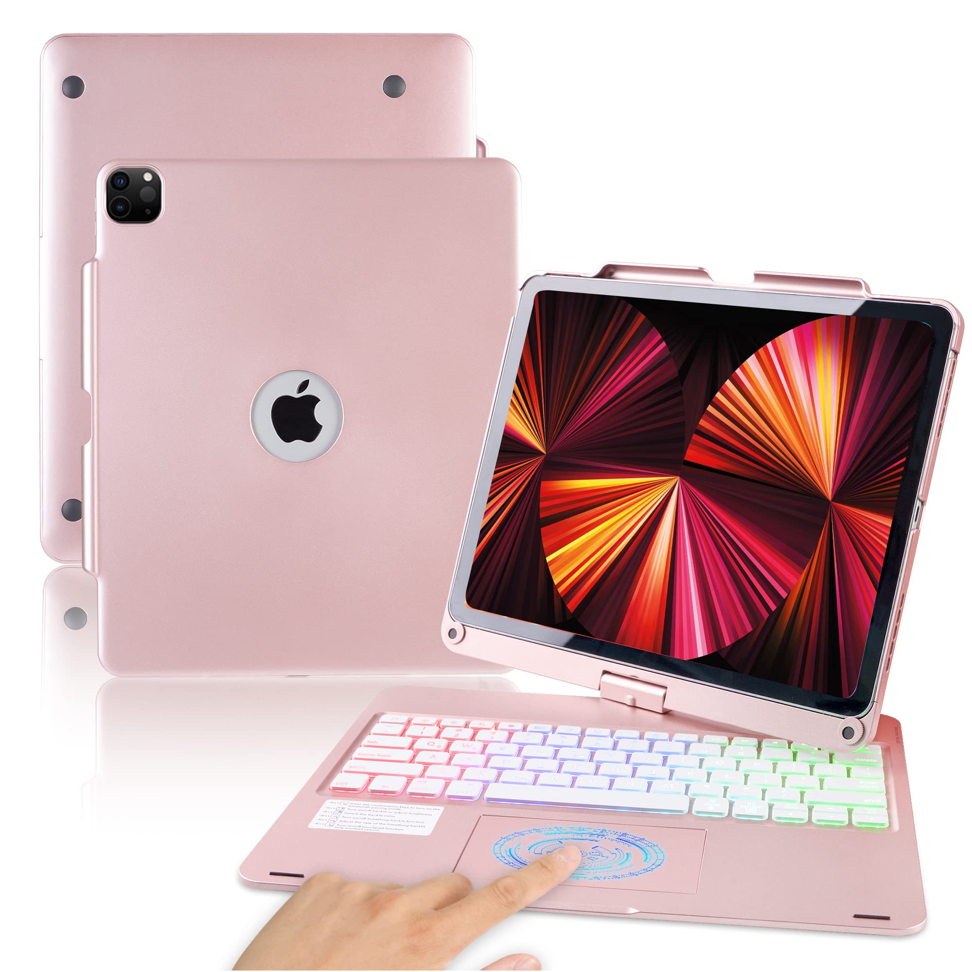 iPad Pro 12.9 Case 2020 with Keyboard & TouchpadONHI 360 Rotatable Backlits Bluetooth Flip Smart Keyboard Case for iPad Pro 12.9 2020 & 2018(NO Home Button) Compatible with Apple Pencil (Rose Gold)