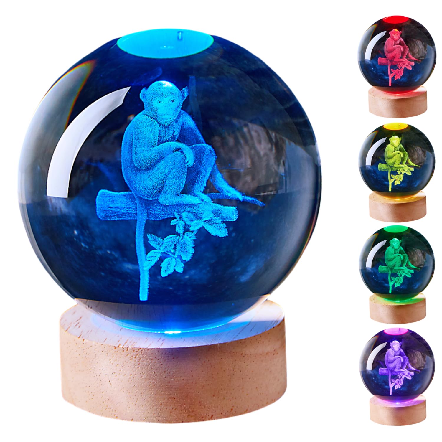 LGY3DLight 3D Crystal Ball Lamp with Remote Control, 3.15 inch Crystal Night Light with Wooden Base 16 Colors Change, Glass Figurine Lamp Gift for Girls Boys Wife Girlfriend Mom (Monkey)