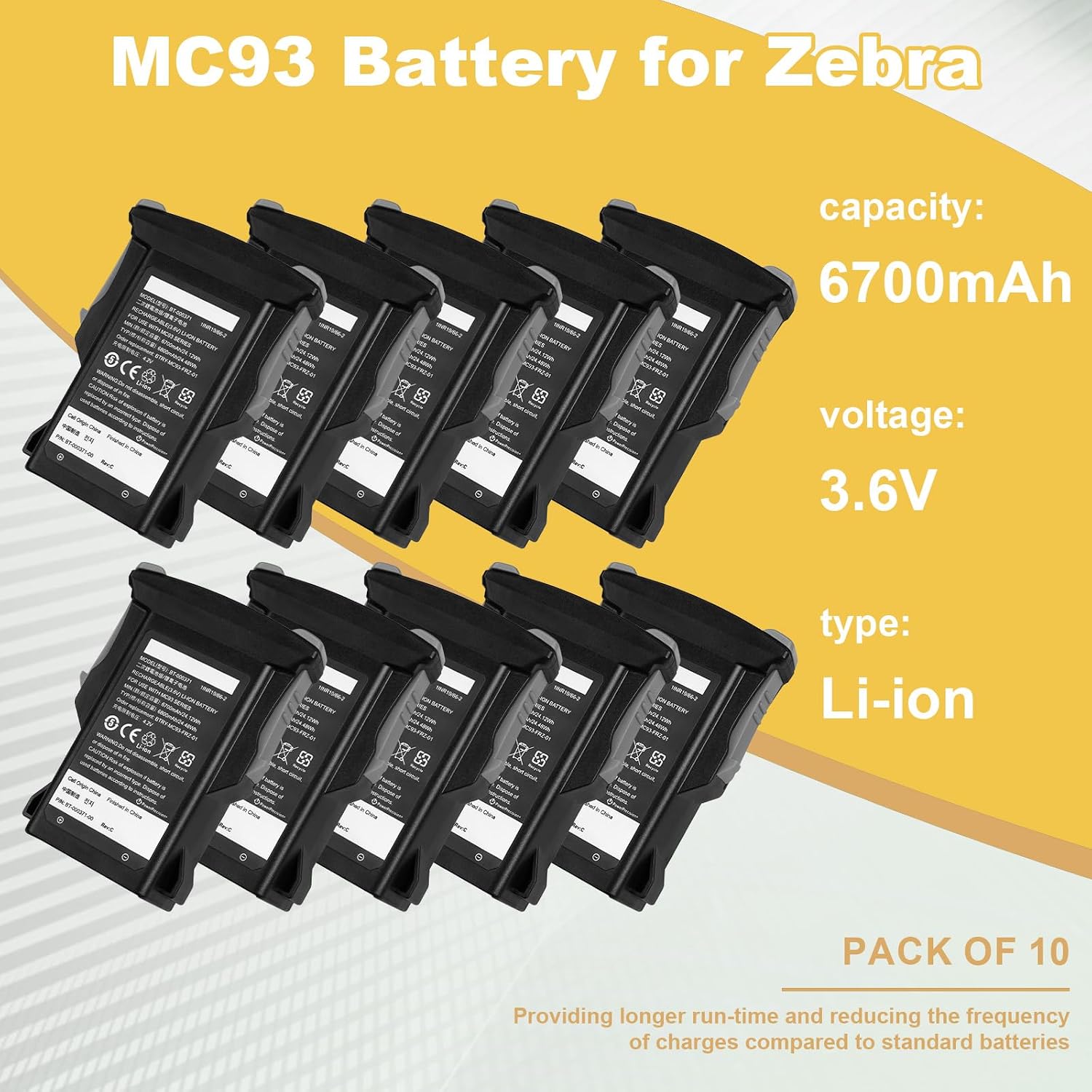10-Pack for Zebra MC93 Scanner Battery Replacement: For Zebra MC93 MC9300 MC930 MC93P MC930B MC930P MC93N0-G MC93N0 BT-000370 BT-000371 BTRY-MC93-STN-01 Barcode Scanner Rechargeable Battery 6700mAh