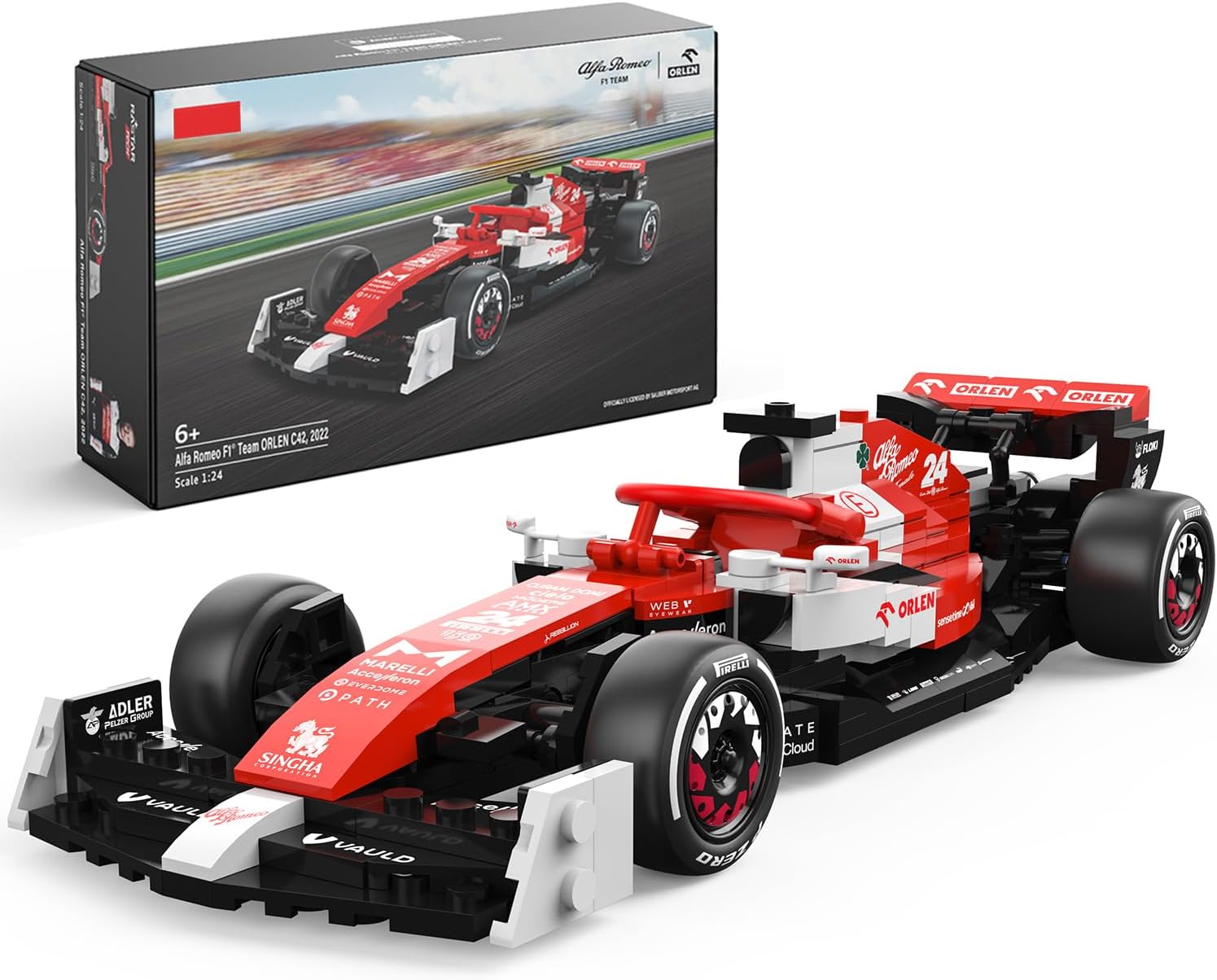 1:24 Alfa Remeo F1 C42 Racing Car Model Building Kit, Formula 1 Collectible Construction Set with 340 Pcs Bricks, Wide Gear, Brithday Gift for Boys, Girls, Kids Ages 6+, Red
