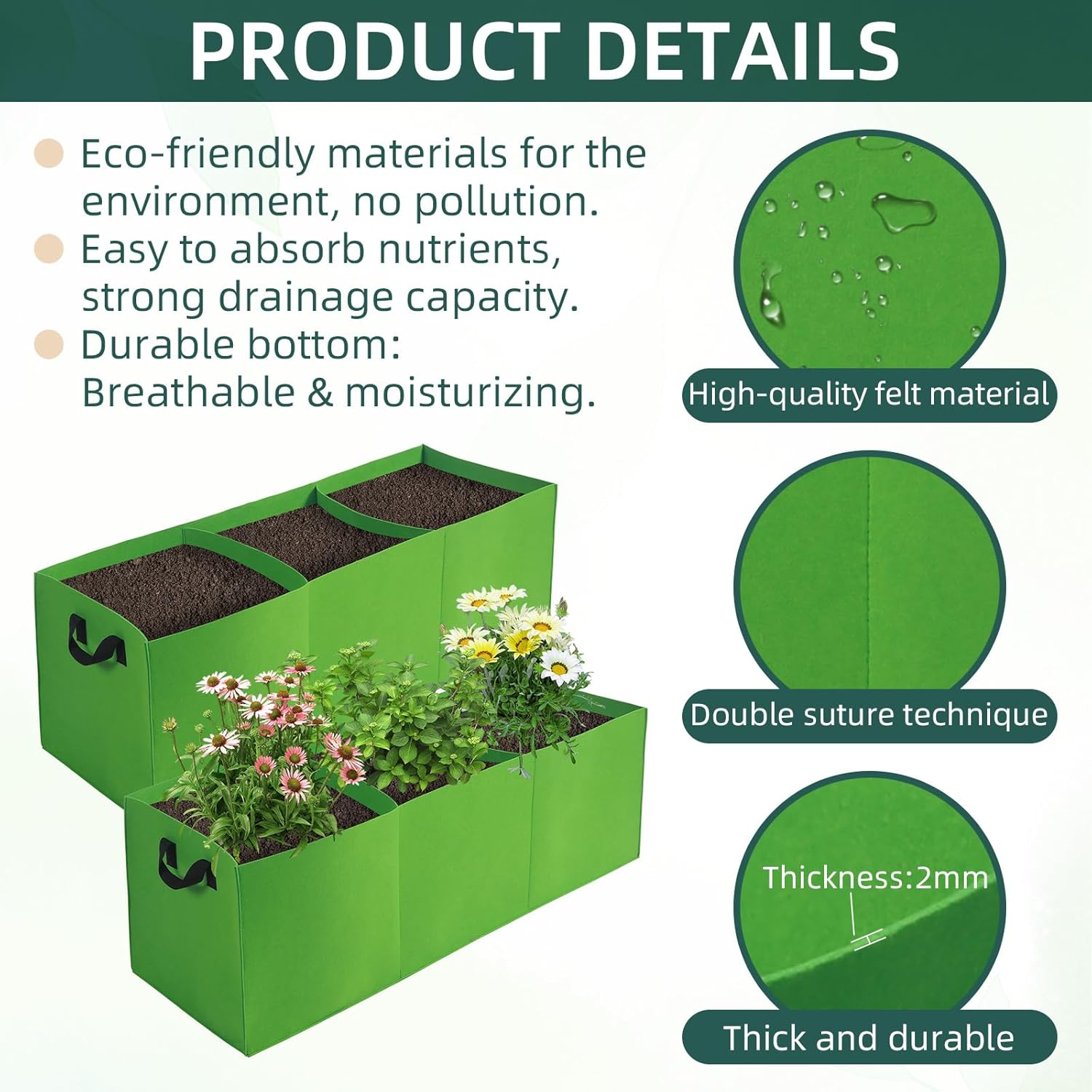 2 Pack Plant Grow Bags, 3 Divided Grids Fabric Raised Planting Bed Rectangle Raised Vegetable Planter Garden Planting Grow Pot Outdoor Planter Box for Vegetables, Flowers, Plants (Green, 120x40x40cm)