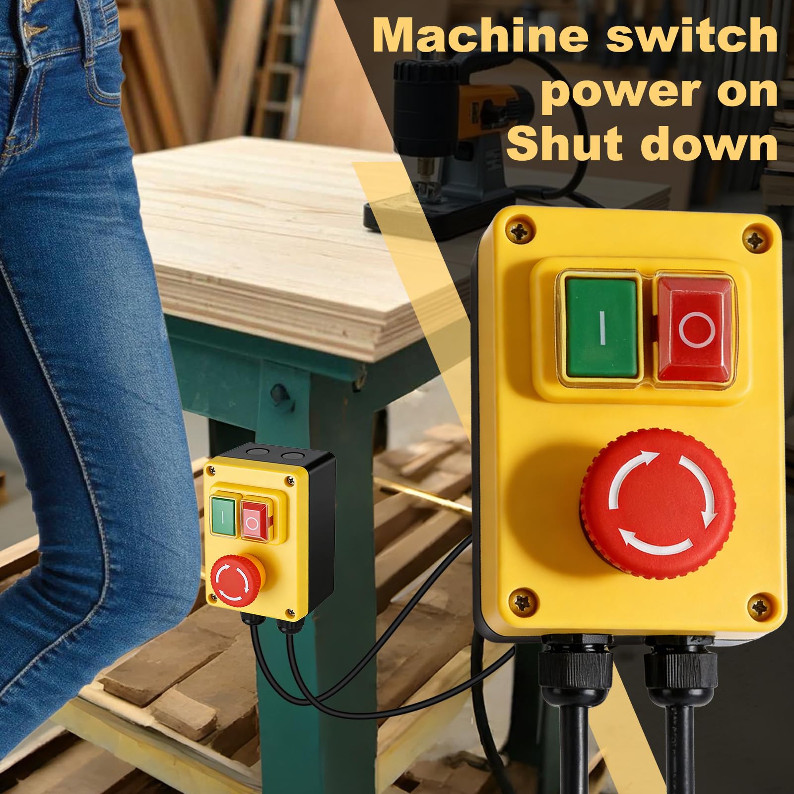 Interrupteur de machine 250 V, interrupteur marche/arrêt monophasé, interrupteur de sécurité 16 A avec prise de courant, interrupteur d'arrêt d'urgence pour éteindre rapidement la table de fraisage et