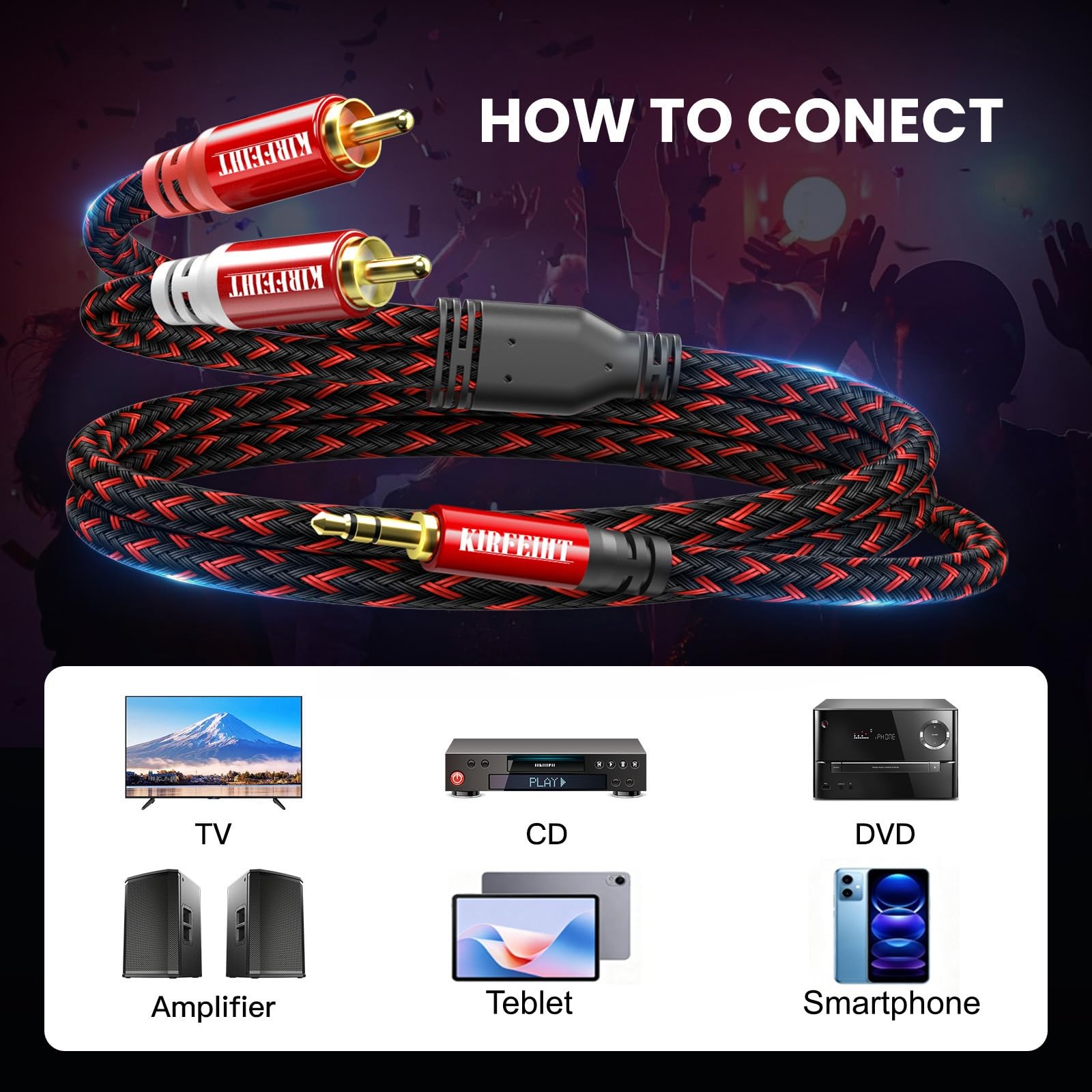KIRFEIHT Cable de audio RCA a 3.5 mm, cable AUX OFC de 30 pies RCA con conectores trenzados de nailon chapado en oro de 1/8 para smartphones, tabletas, altavoces, HDTV, amplificadores, rojo y negro