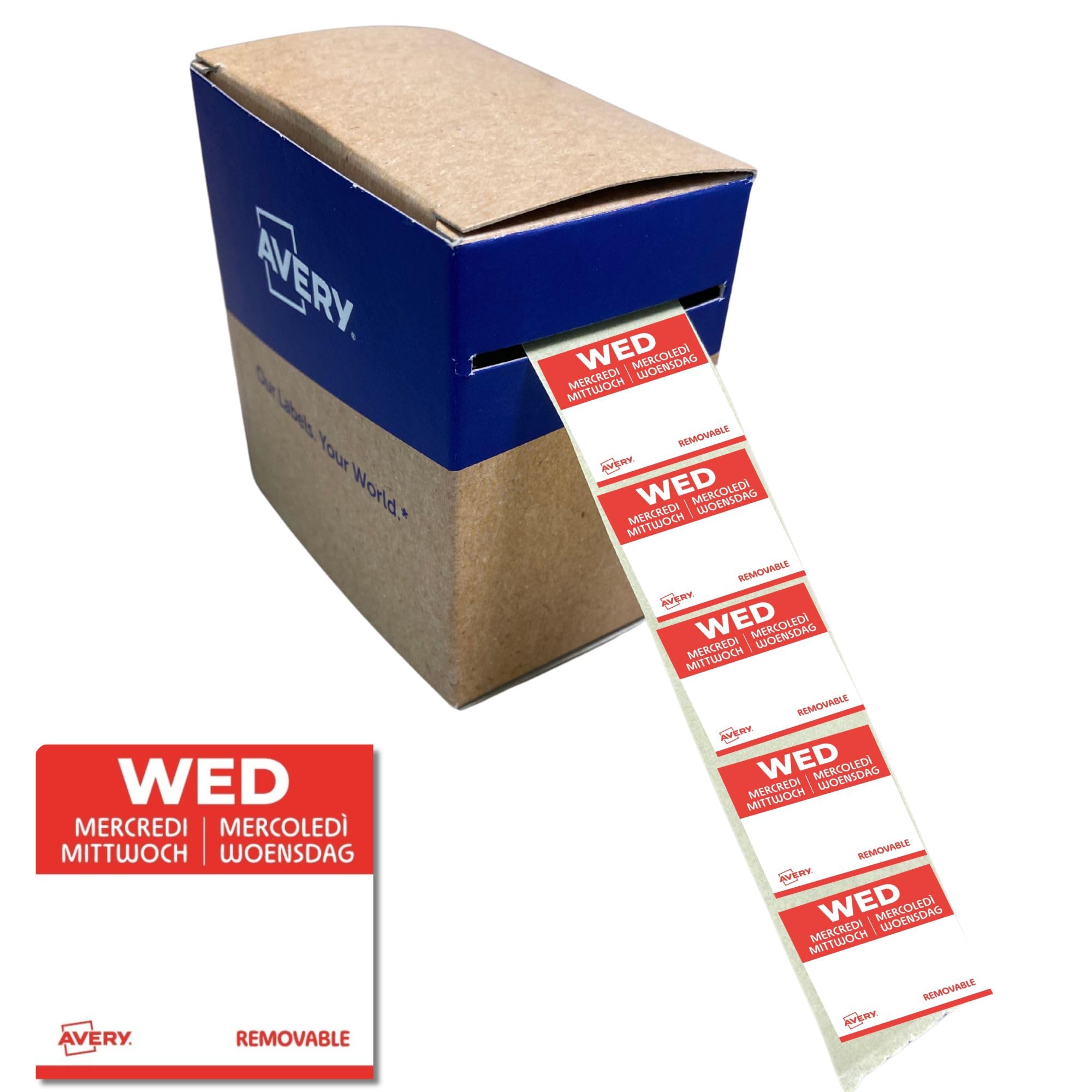 Avery Removable, Hand Writable, Food Day Labels, Wednesday, Strong Adhesive, 25 x 25 mm, Red, 1000 Labels, Preprinted Design (DLSWEDREV-1000)