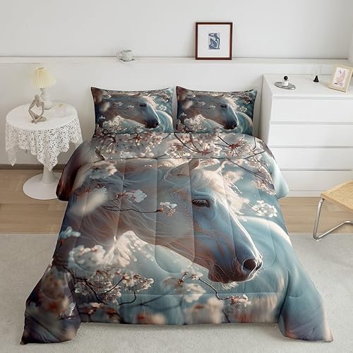 Erosebridal White Horse Comforter Set,3D Animal Print Bedding King,Pink Cherry B