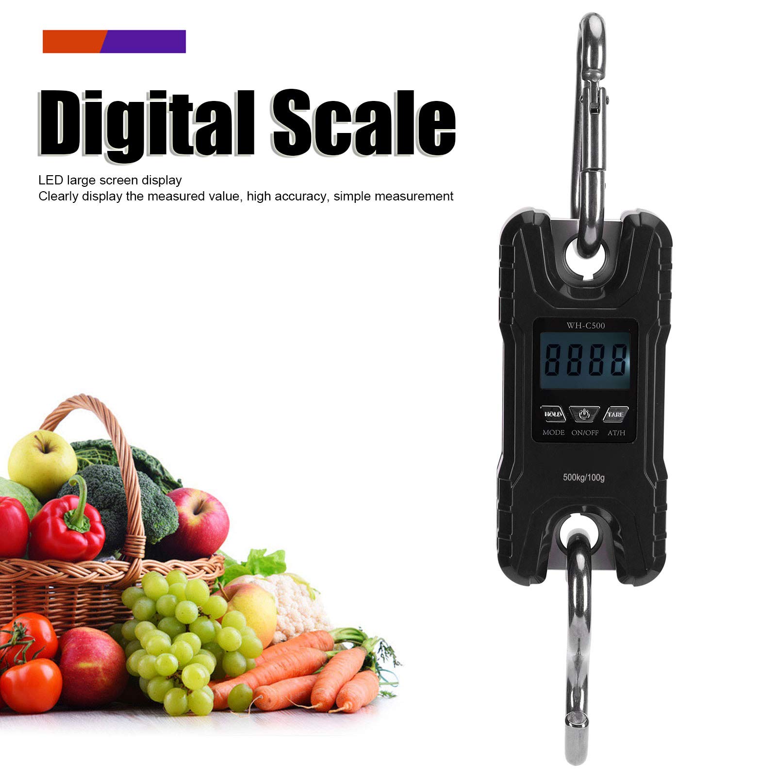 Bilancia Sospesa Digitale, Bilancia Elettrica a LED con Ampio Display, Gancio in Metallo Rimovibile, Conversione unità e Tara, 2 Batterie AAA Alimentate per Viaggi a Casa all'aperto (BLACK)