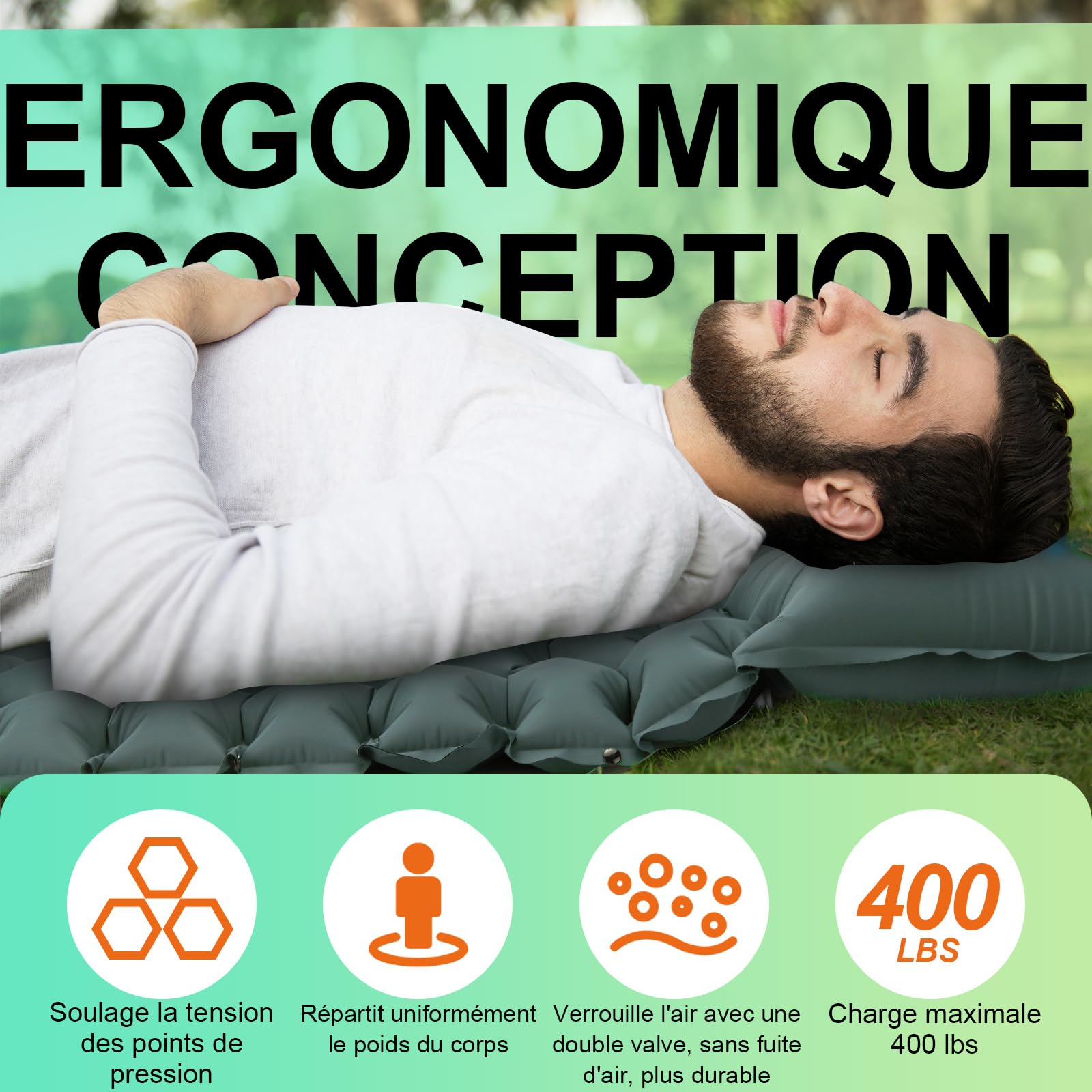 Matelas Autogonflant 2 Personnes, Matelas de Camping Autogonflant avec Pompe à Pied, Portable Tapis de Matelas Pneumatique pour la Randonnée, Plage, Voyage, Pique-Nique