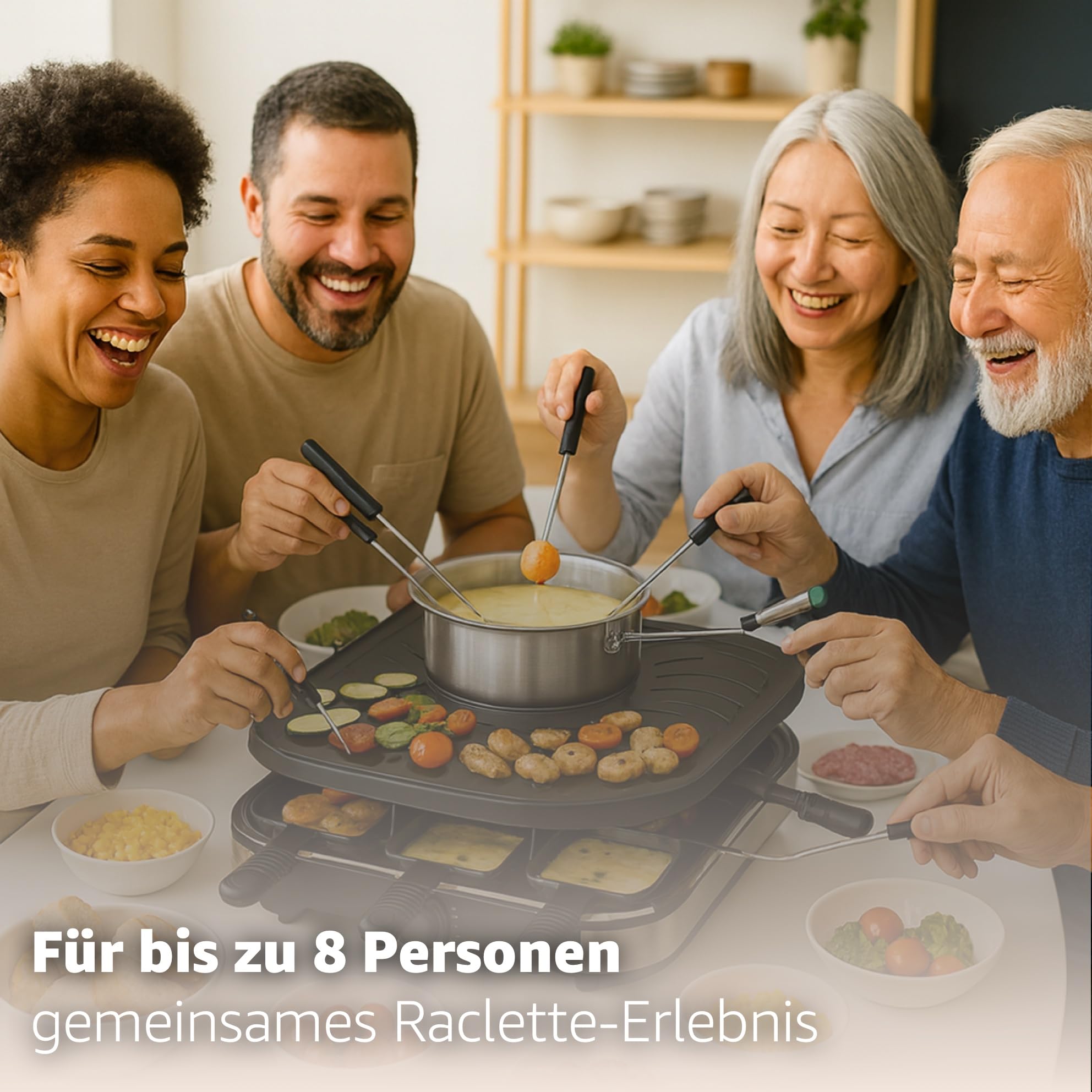 8 Personen Set Raclette - Mit Grillplatte & Fondue Topf Funktion - Tischgrill inkl. Pfännchen & Schaber (Fondue Set)