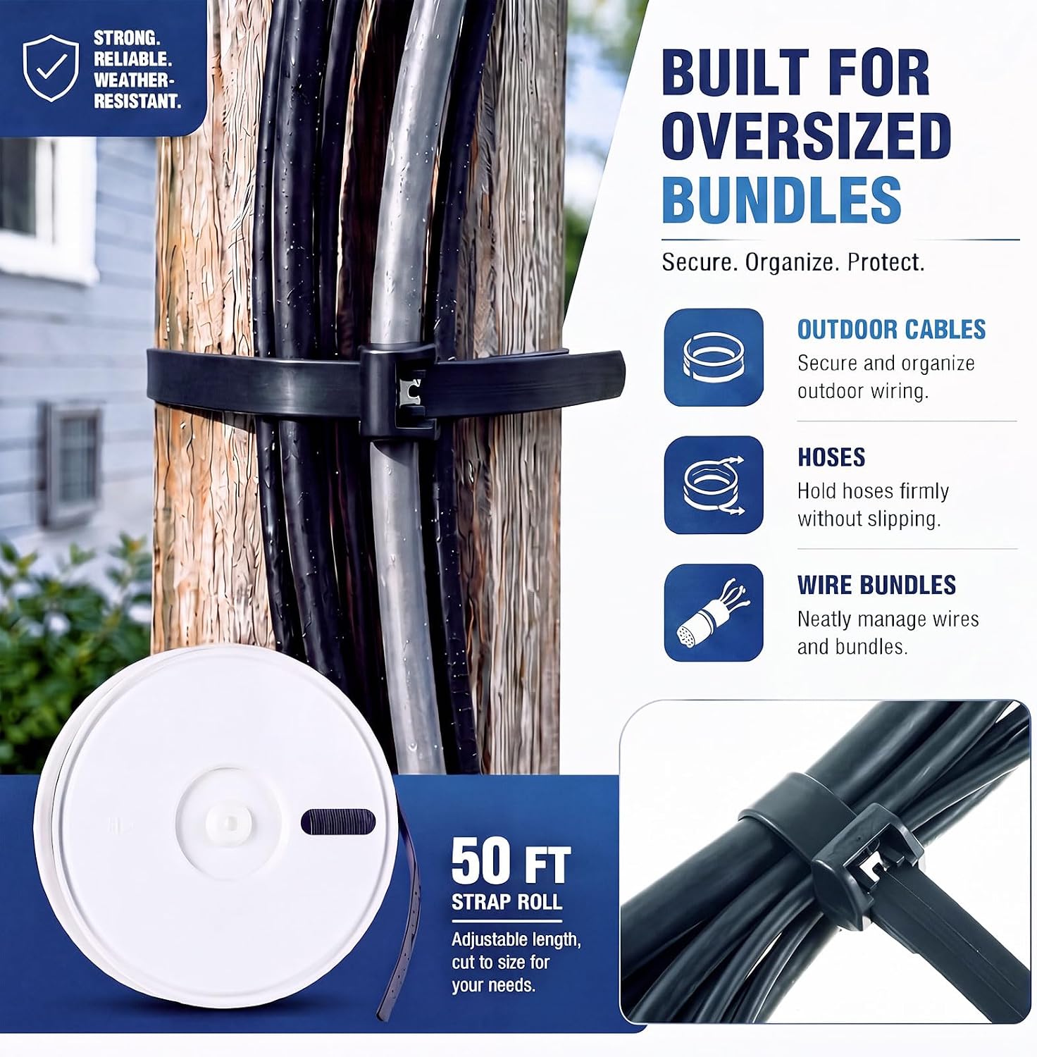 Pushglossy 50ft Cut to Length Heavy Duty Acetal Cable Tie Roll Kit
