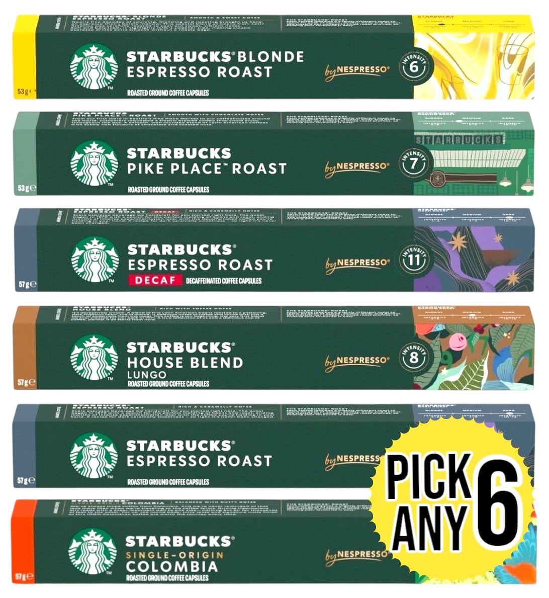 STARBUCKS PICK ANY 6 Coffee Capsules by Nespresso, Flavours inc. Espresso Roast, House Blend Lungo, Pike Place, Colombia, Decaf, Blonde Espresso Roast (Total 60 Pods)