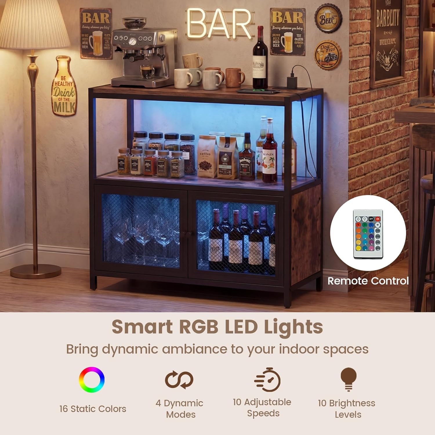 LOKO Industrial Wine Bar Cabinet with Power Outlets, Sideboard Buffet with LED Lights & Solid Metal Frame, Farmhouse Wooden Coffee Bar Cabinet for Liquor and Glasses, Storage Organizer for Kitchen, Di