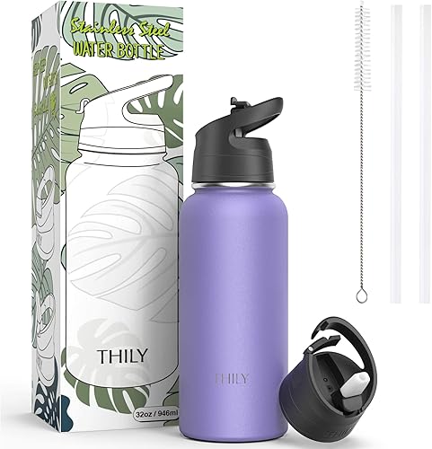 Miniatura 22 de THILY Botella de agua aislada de acero inoxidable con triple aislamiento, 32 onzas, botella de agua de boca ancha a prueba de fugas con 2 tapas