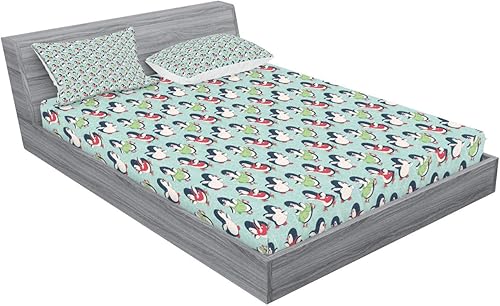 Miniatura 2 de Ambesonne Penguin Fitted Sheet & Pillow Sham Set, Cartoon Arctic Animals Ice Skating with Scarf and Skirts Pattern, Decorative Printed 3 Piece