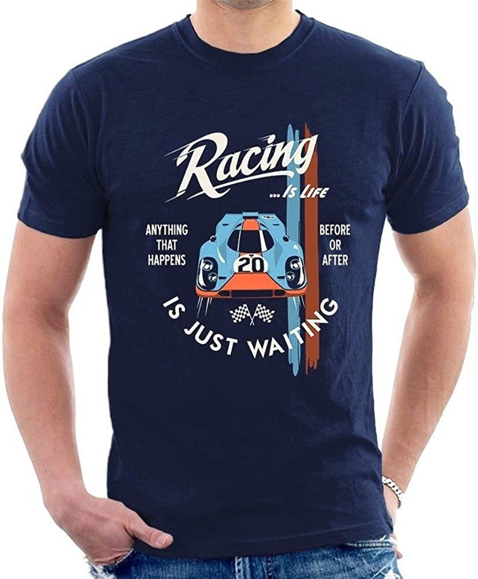 Men's Funny Steve McQueen T-Shirt Por-Le Mans Racings is Life Cool Tees Navy Blue 3XL