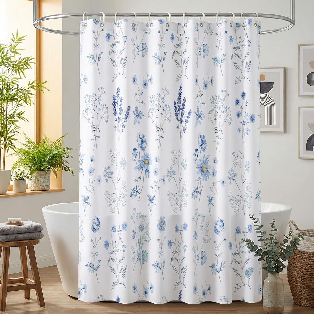 Zafyygh Multicolor Blue Floral Shower Curtain, Watercolor Wildflower Fabric Bath Curtain, 180X180cm Waterproof Botanical Bathroom Decor With 12 Hooks, Blue And White