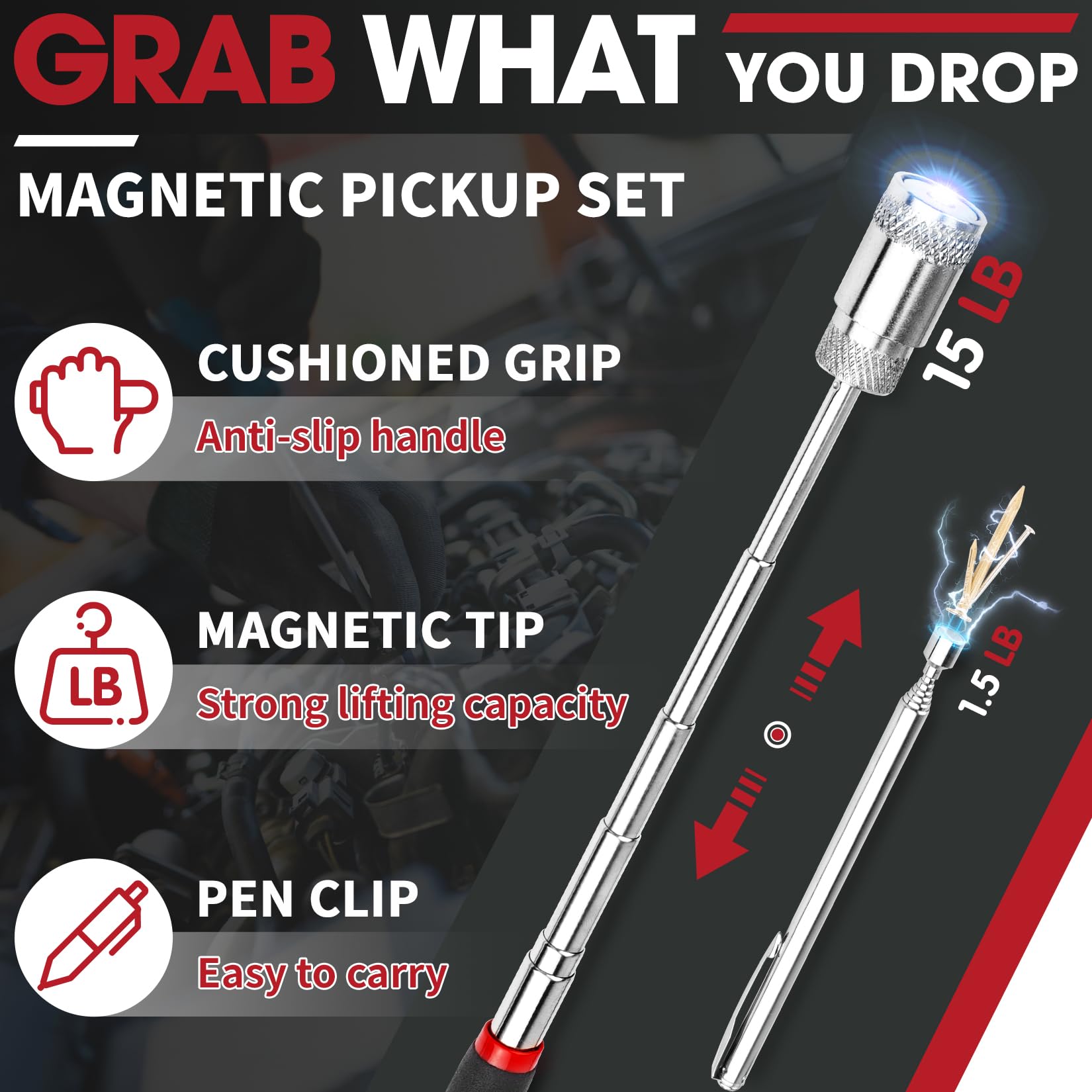 DIYSELF Telescoping Magnetic Pickup Tool, Inspection Mirror Telescoping, LED Flashlight, Telescoping Magnet Stick, Flexible Magnet Pickup Tool, Gadgets for Men, Cool Gifts for Dad, Husband, 5-in-1 Set