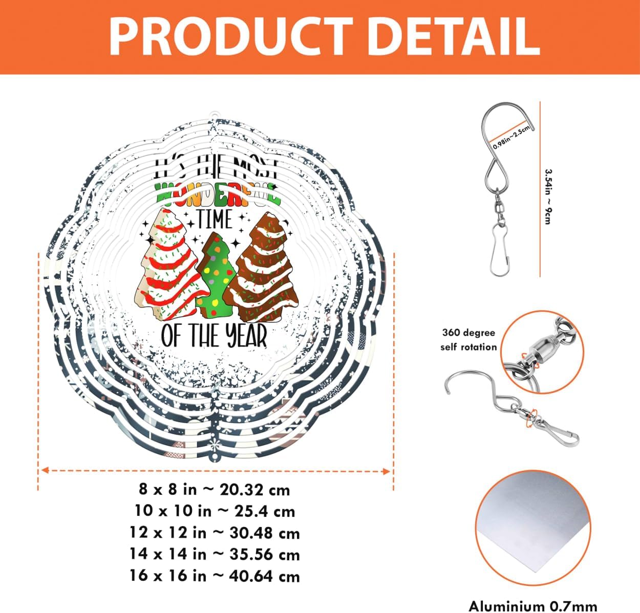 It's The Most Wonderful Time Christmas Wind Spinners 3D Stainless Steel Laser Cut Metal Double Sided Printing-Hanging Indoor/Outdoor Decorations Yard Gardening Decor,Metal Kinetic Art 14x14 inches