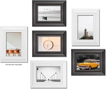 LaVie Home 4x6 & 5x7 Picture Frames 6 Pack, Distressed White & Black Rustic Photo Frame Set with High Definition Glass for Wall Mount & Table Top Display
