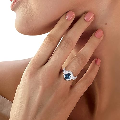 Miniatura 5 de Jewelili Anillo de compromiso de plata de ley de 0.354 x 0.276 in con topacio azul Londres ovalado con baguette y zafiro blanco redondo creado
