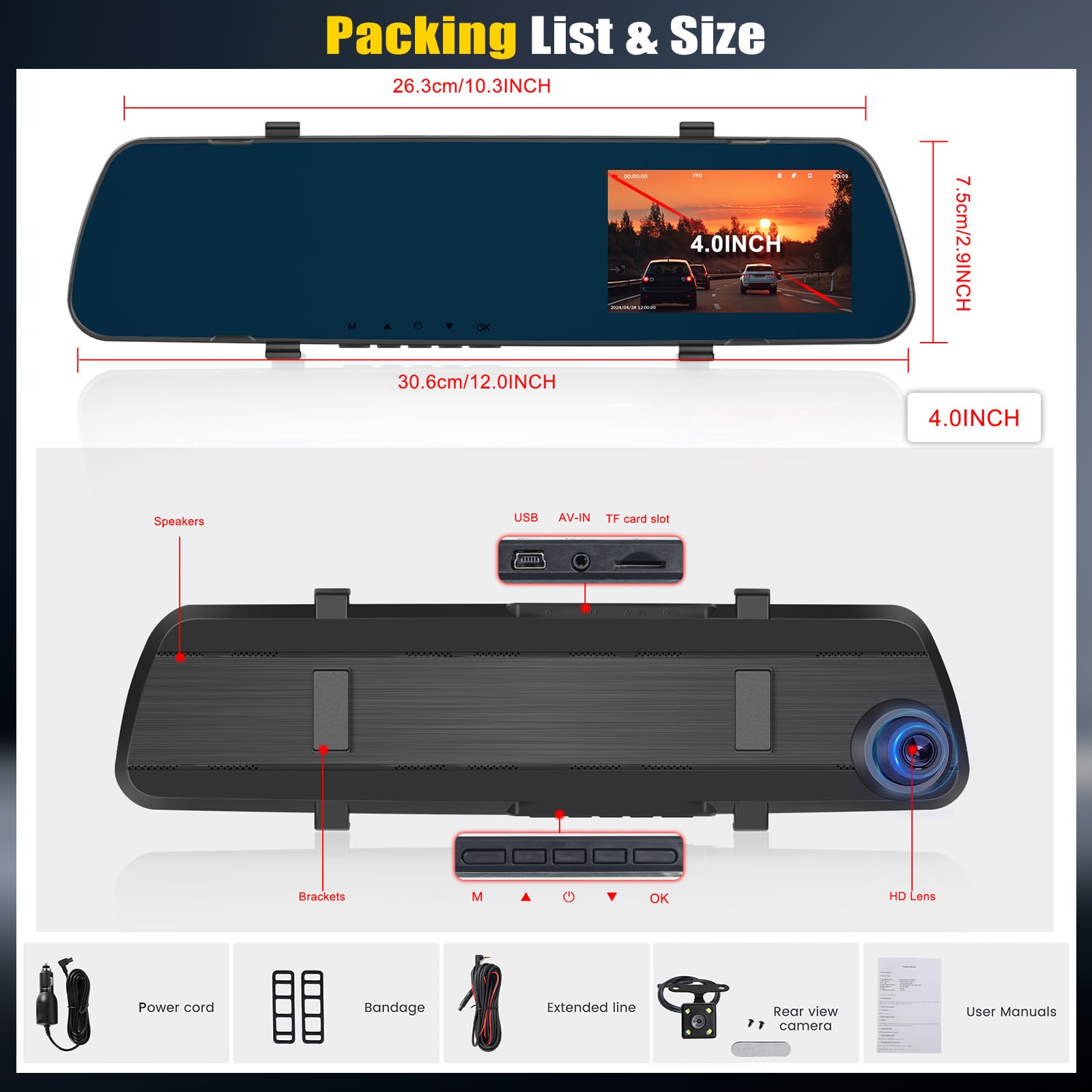 Cámara para Salpicadero con Cámara Trasera 1080P, Cámara para Salpicadero con Pantalla de 4-Pulgadas, Grabación de vídeo para la Seguridad del vehículo, visión Nocturna, grabación en Bucle
