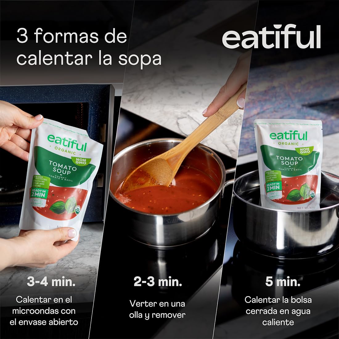 EATIFUL Sopa de Tomate Orgánica, Lista para Comer, Vegana y a Base de Plantas, Sopa Cremosa de Tomates, Sin Conservantes Añadidos, Sin Gluten, NO GMO, 400g (Paquete de 1)