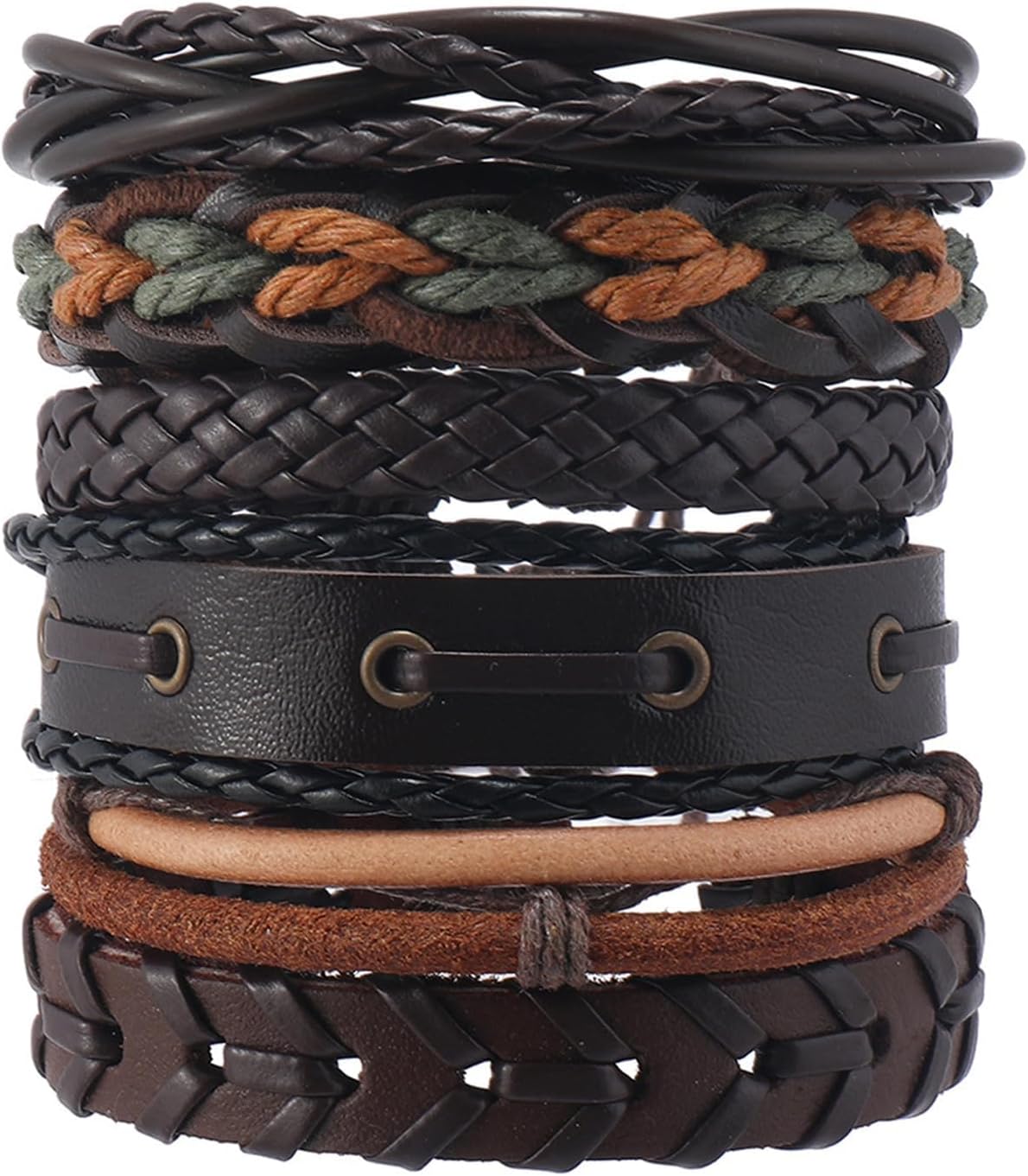 Leather Bracelet, Punk Style Jewelry Set, Adjustable Woven Rope Bracelets for Men & Women, Retro Unisex Fashion Accessories for Outdoor, Casual, Streetwear, Gifts, 6-Pack (Brown/Black Mix)