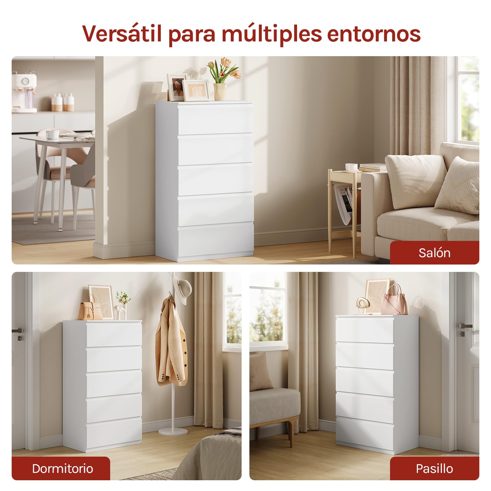 WOLTU Comoda Dormitorio, Cajonera de 5 Cajones Almacenaje, Cómoda Blanca, Mueble de Habitacion, Aparador Moderno para Salón Dormitorio, 60x37x110 cm, KMD006ws