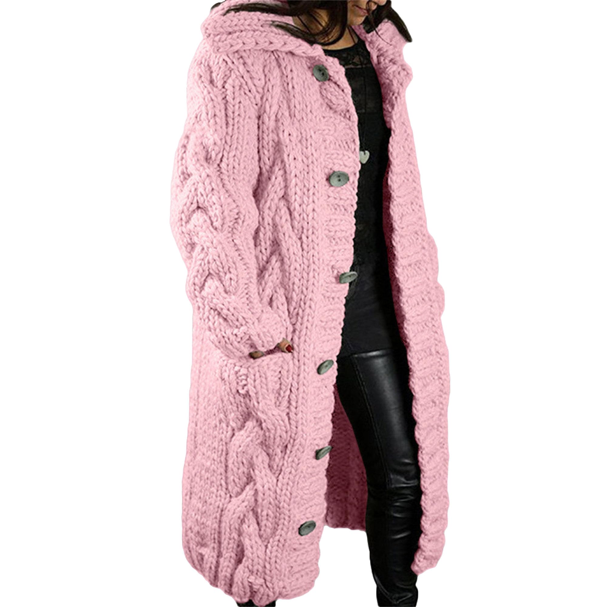 Women Long Sleeve Cable Knit Long Cardigan Jacket 2024 Winter Chunky Open Front Button Sweaters with Pockets (X-Large,Pink 2)
