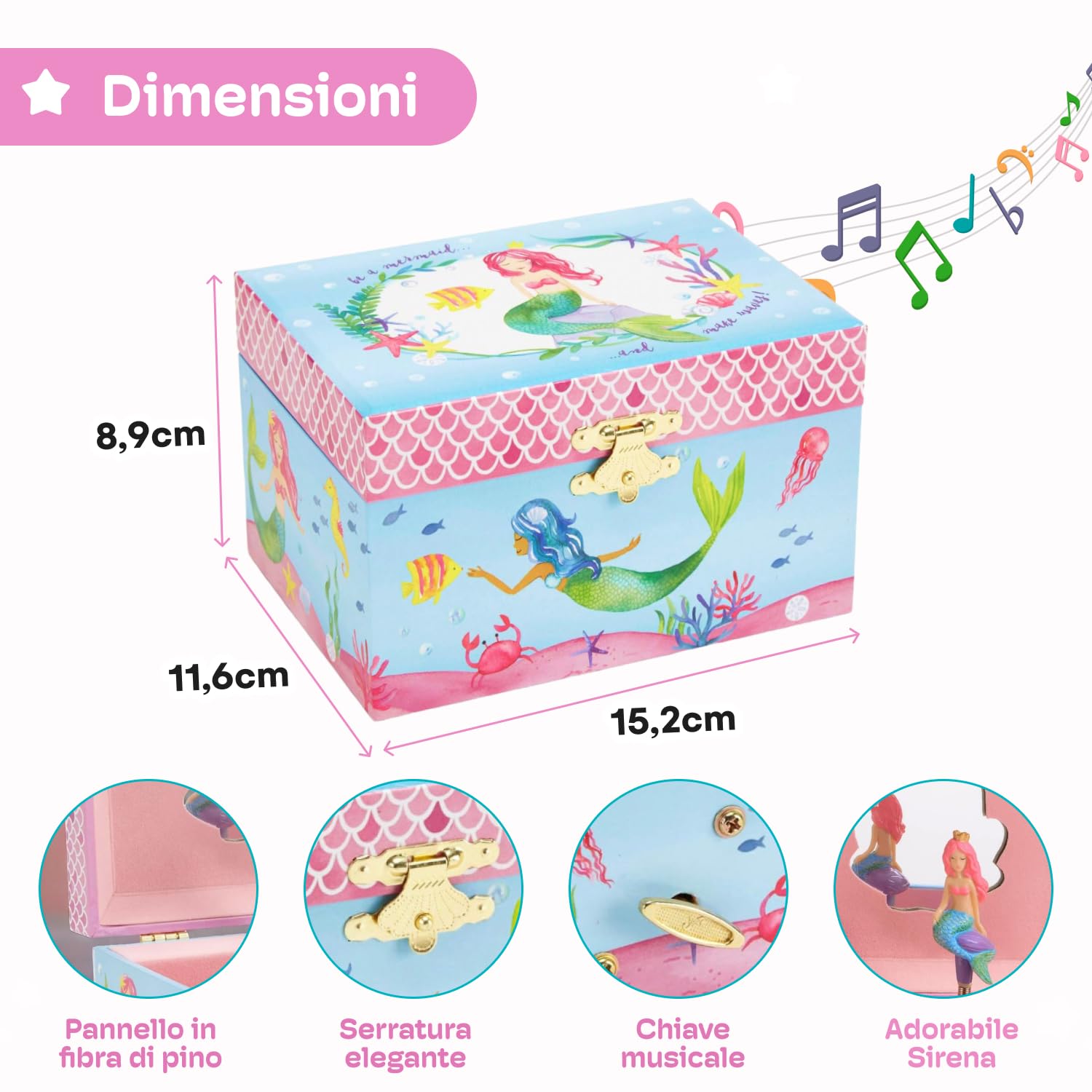 Jewelkeeper - Scatola Musicale Sirena con Carillon per Bambine - Portagioie Carillon con Design Sirena e Due Cassetti Spaziosi per Gioielli e Accessori - Regali Speciali e Decorazioni Eleganti
