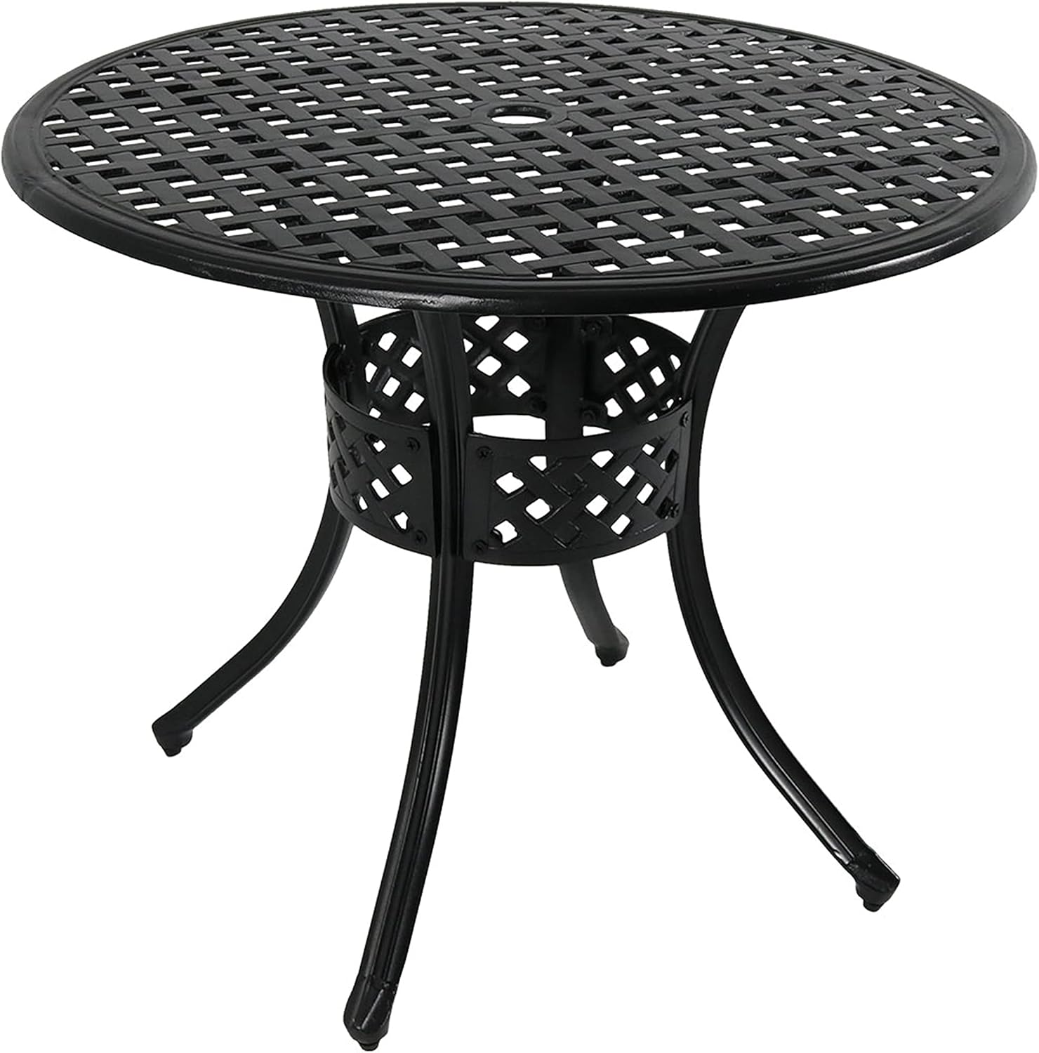 Sunnydaze Decorative Lattice Cast Aluminum Patio Dining Table with Umbrella Hole - 33-Inch Diameter - Black