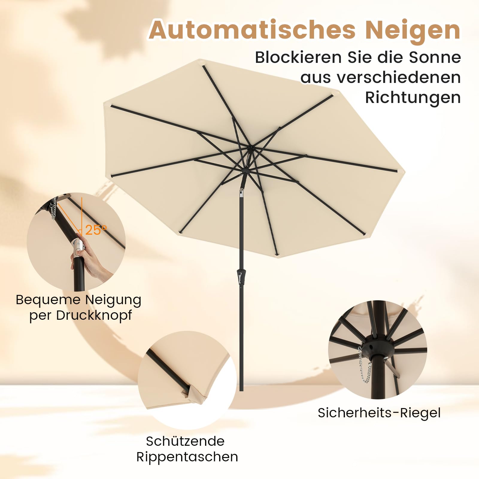 COSTWAY Sonnenschirm 300 cm, Gartenschirm mit Kurbel, beidseitig um 25° knickbar, 8 Rippen, Beige